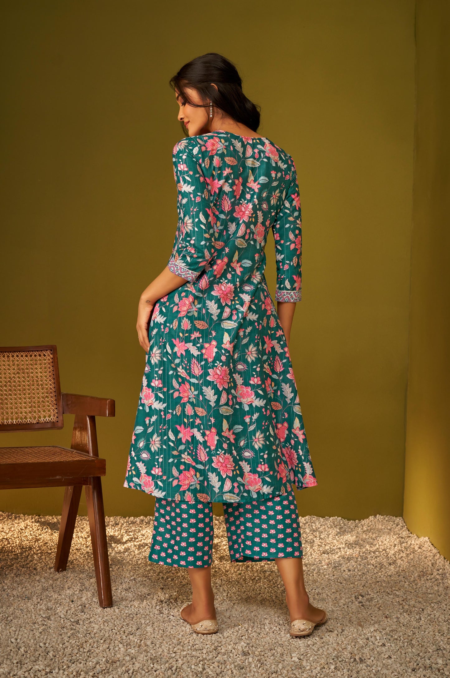 Teal Blue Digital Floral Print Panelled Kurta and Palazzo Set