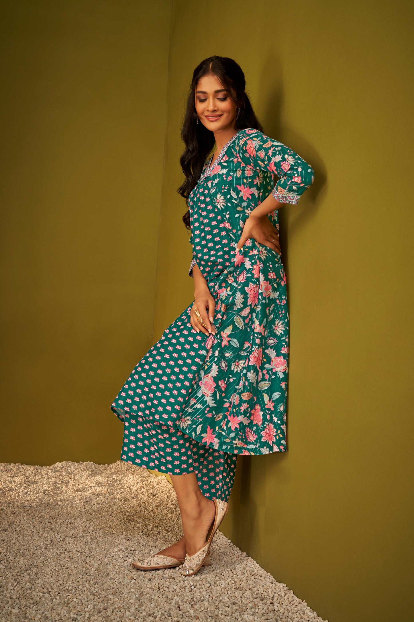 Teal Blue Digital Floral Print Panelled Kurta and Palazzo Set