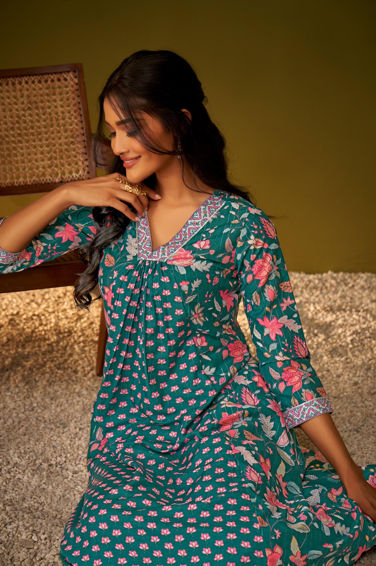 Teal Blue Digital Floral Print Panelled Kurta and Palazzo Set