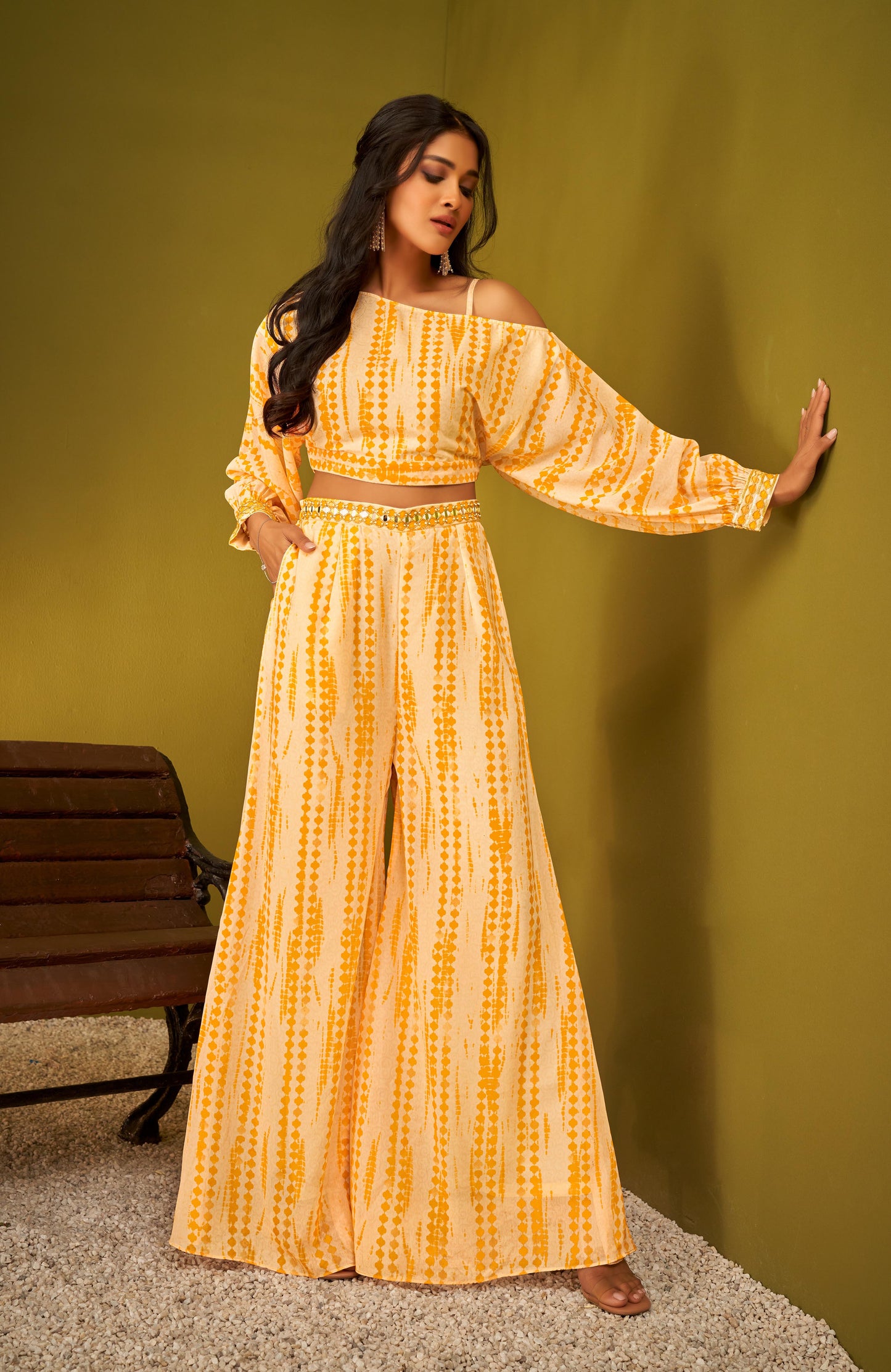 Orange Shibori Print Off-shoulder Top and Pant Co-ord Set
