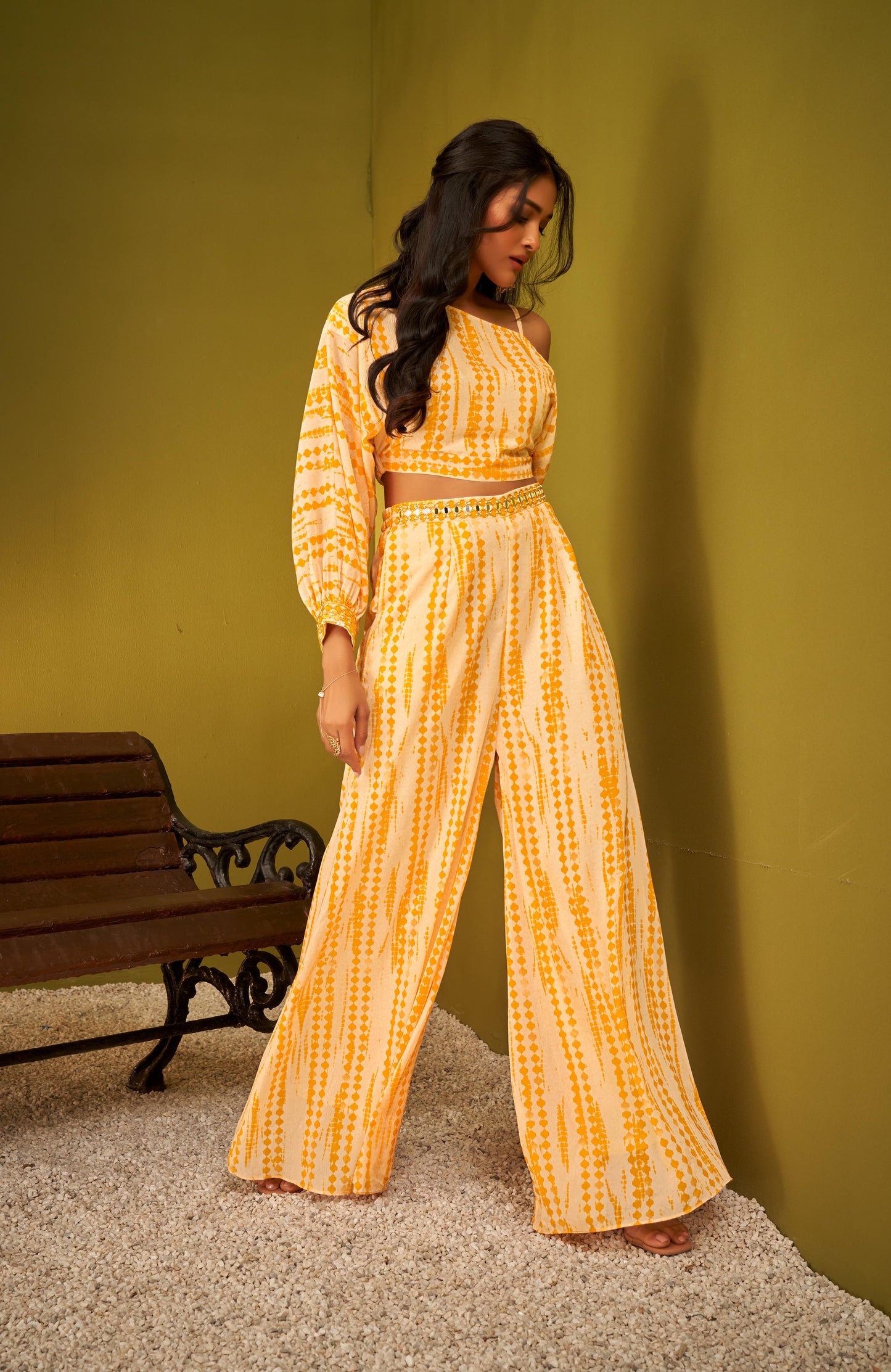 Orange Shibori Print Off-shoulder Top and Pant Co-ord Set