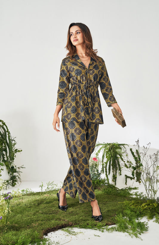 Brown Ethnic Motif Printed Wrap Top and Pant Set