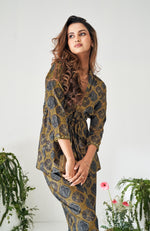 Brown Ethnic Motif Printed Wrap Top and Pant Set