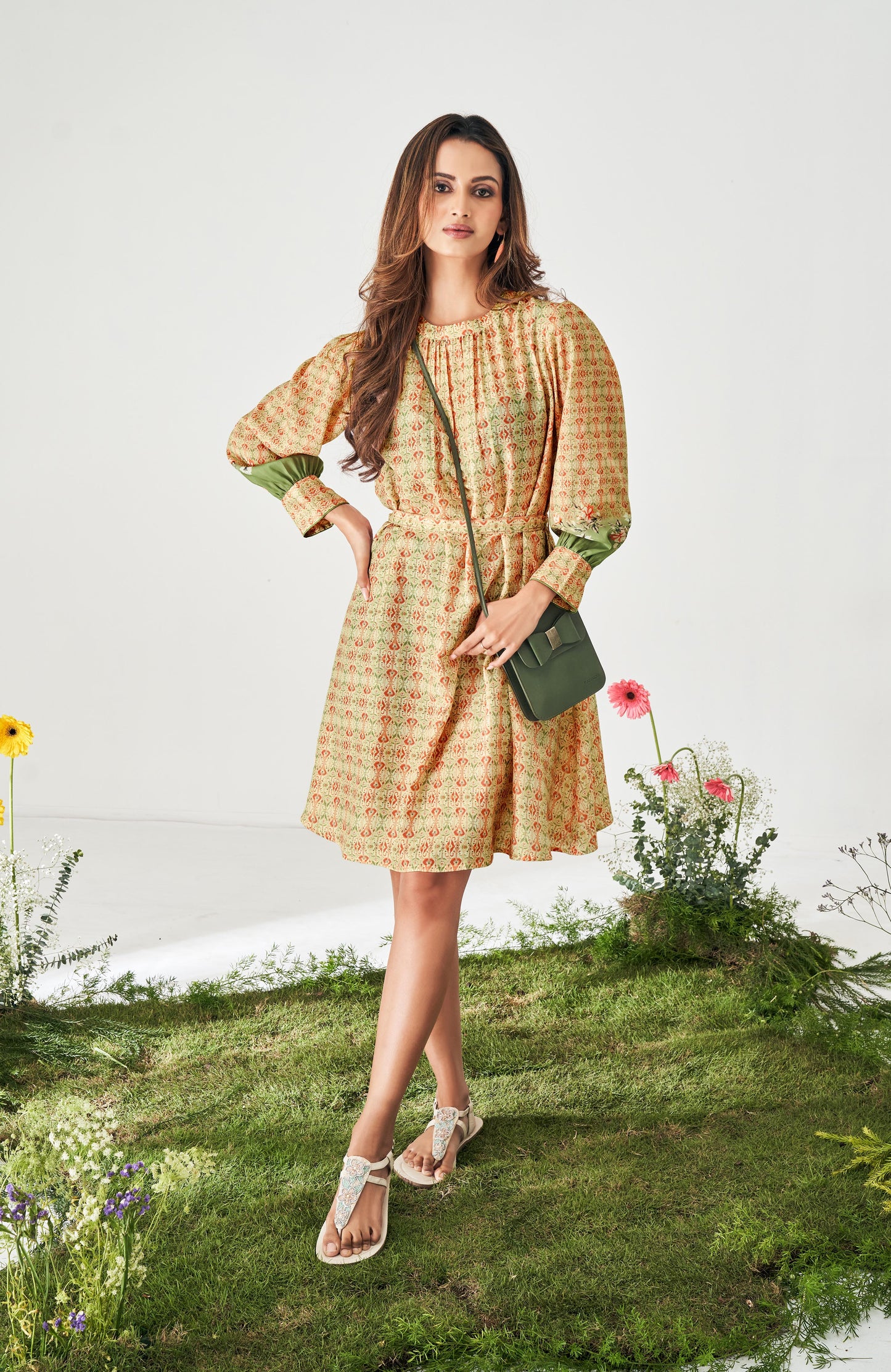 Beige Fit and Flared Digital Print Dress with belt