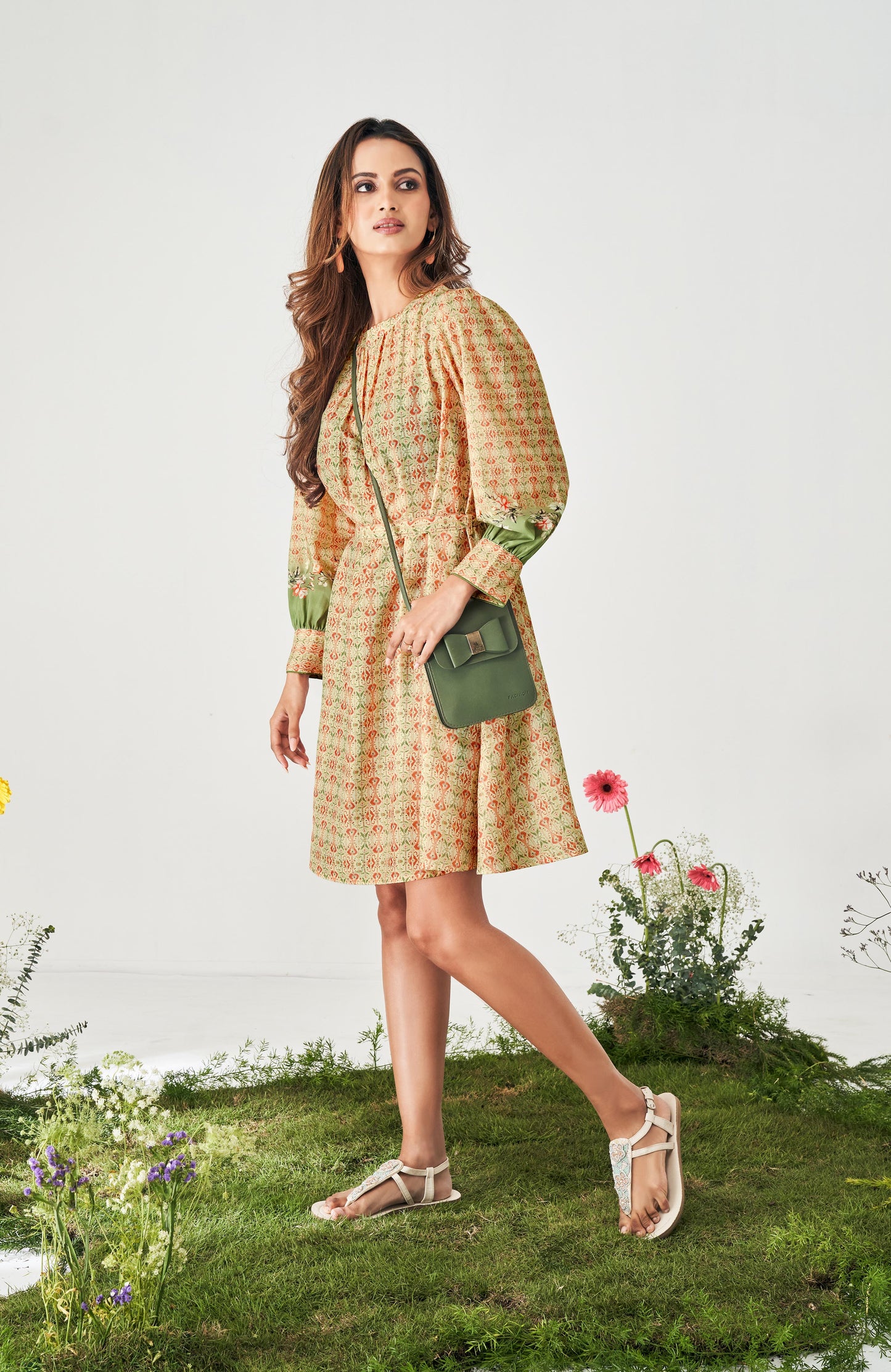 Beige Fit and Flared Digital Print Dress with belt