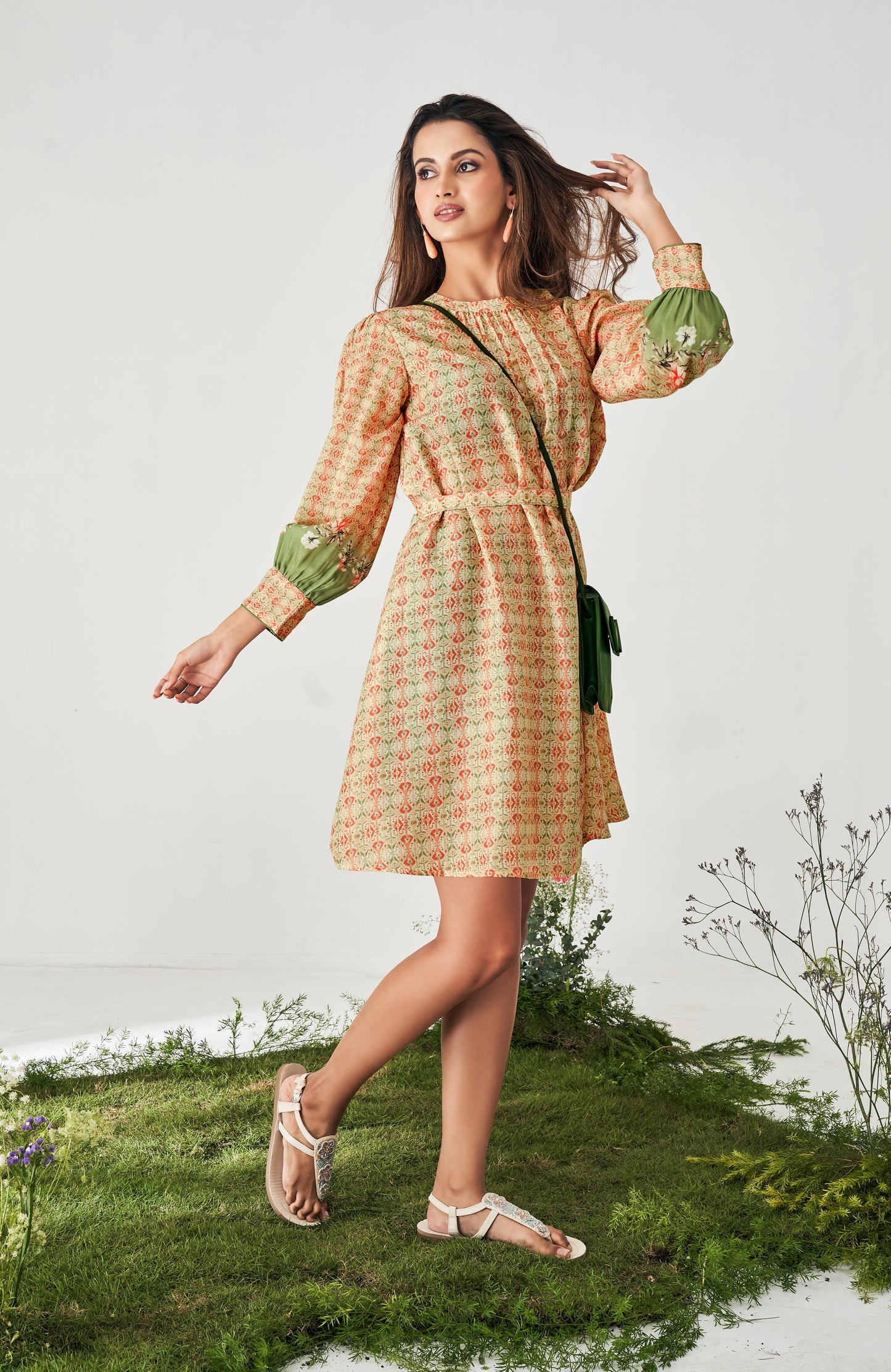 Beige Fit and Flared Digital Print Dress with belt