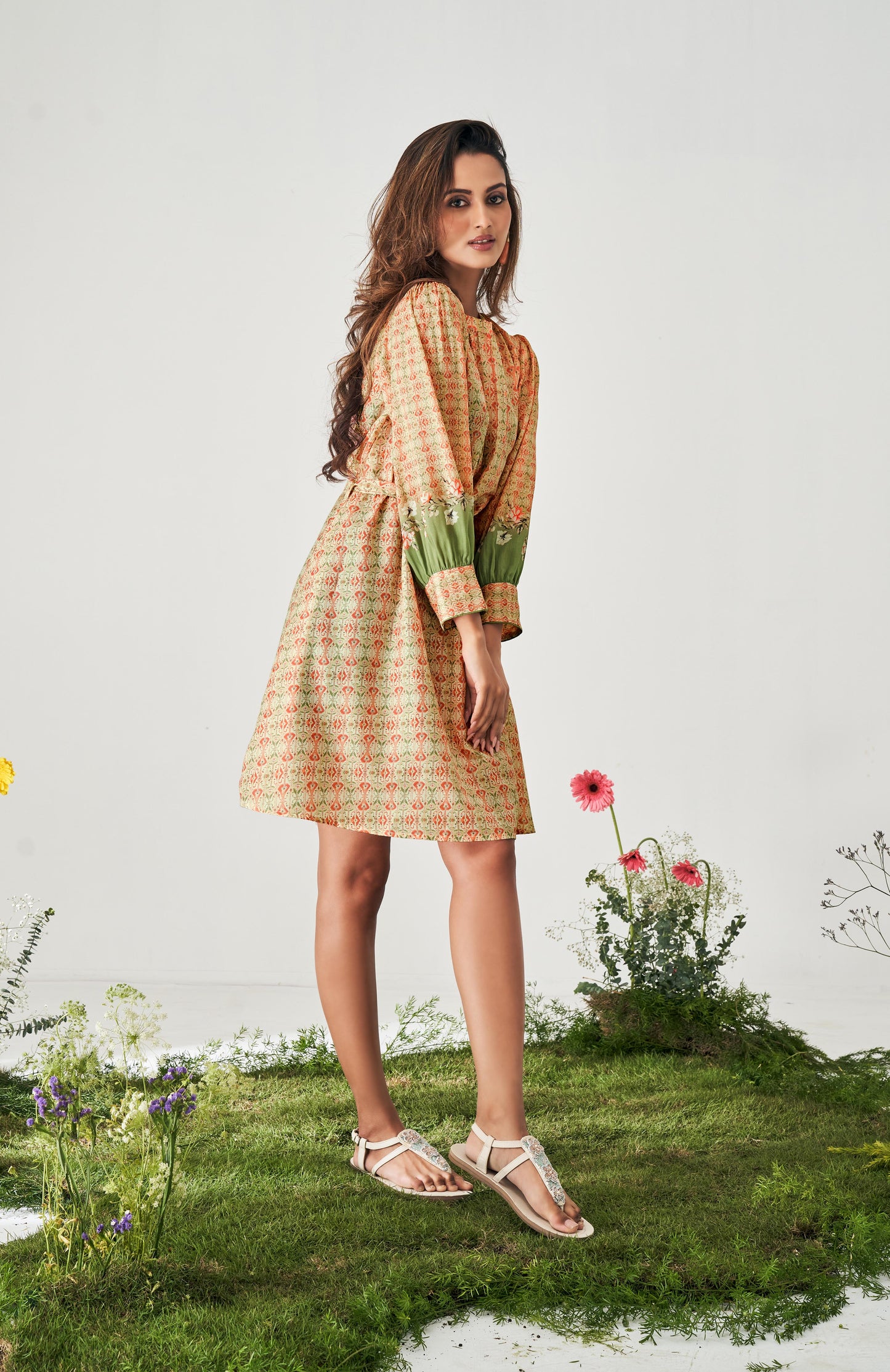 Beige Fit and Flared Digital Print Dress with belt