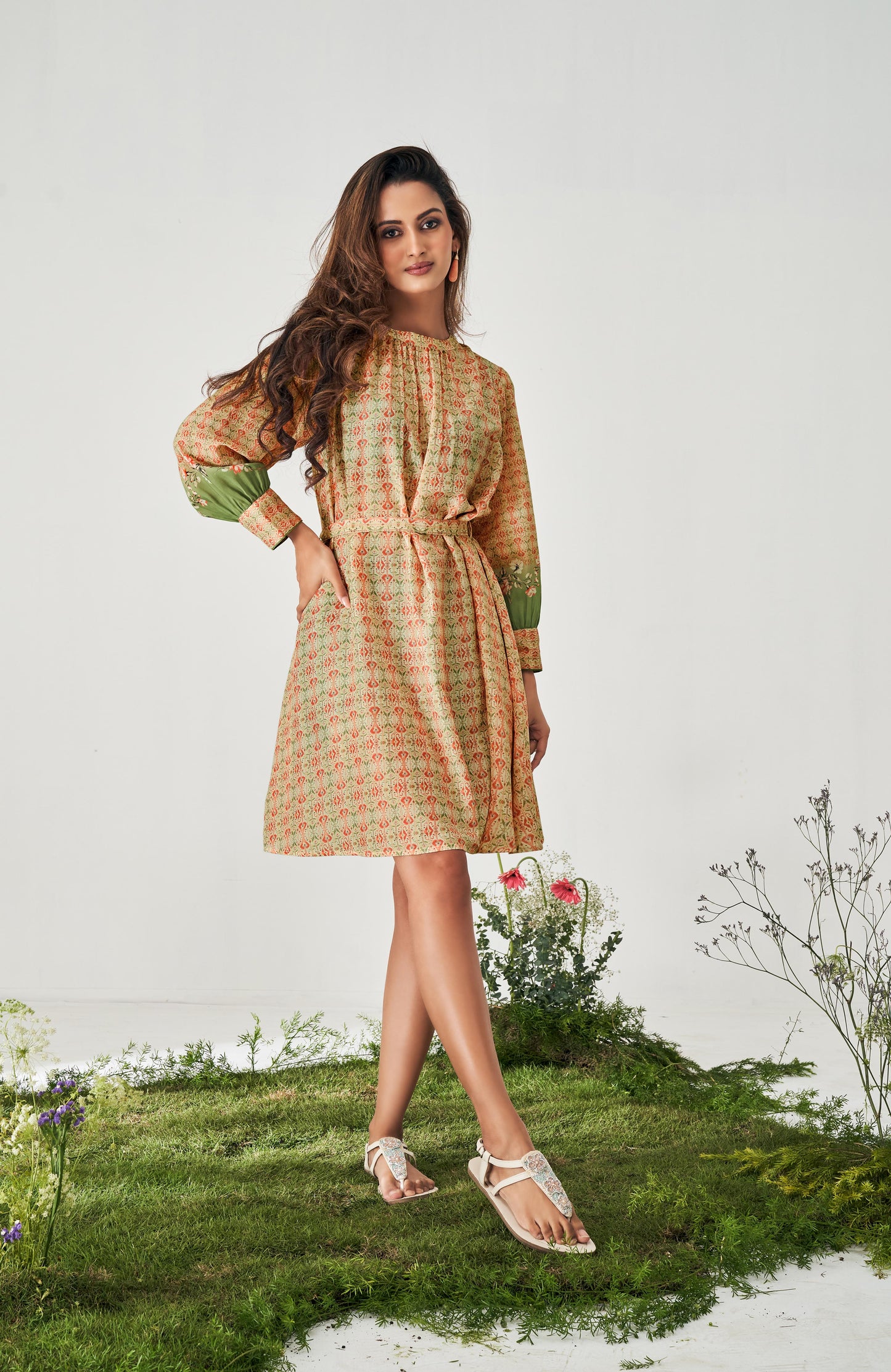 Beige Fit and Flared Digital Print Dress with belt