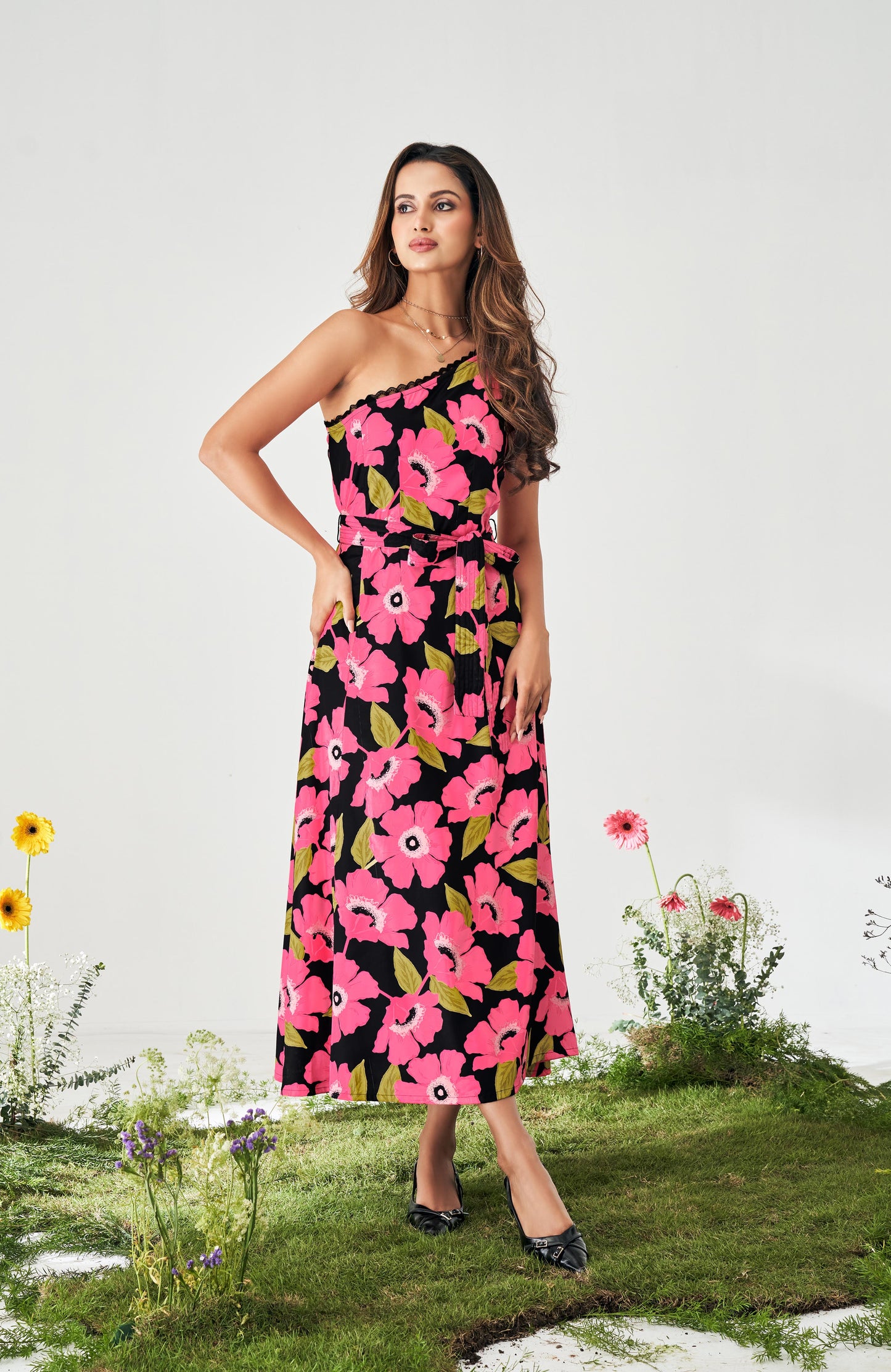 Pink Off-Shoulder Floral Printed Satin Dress