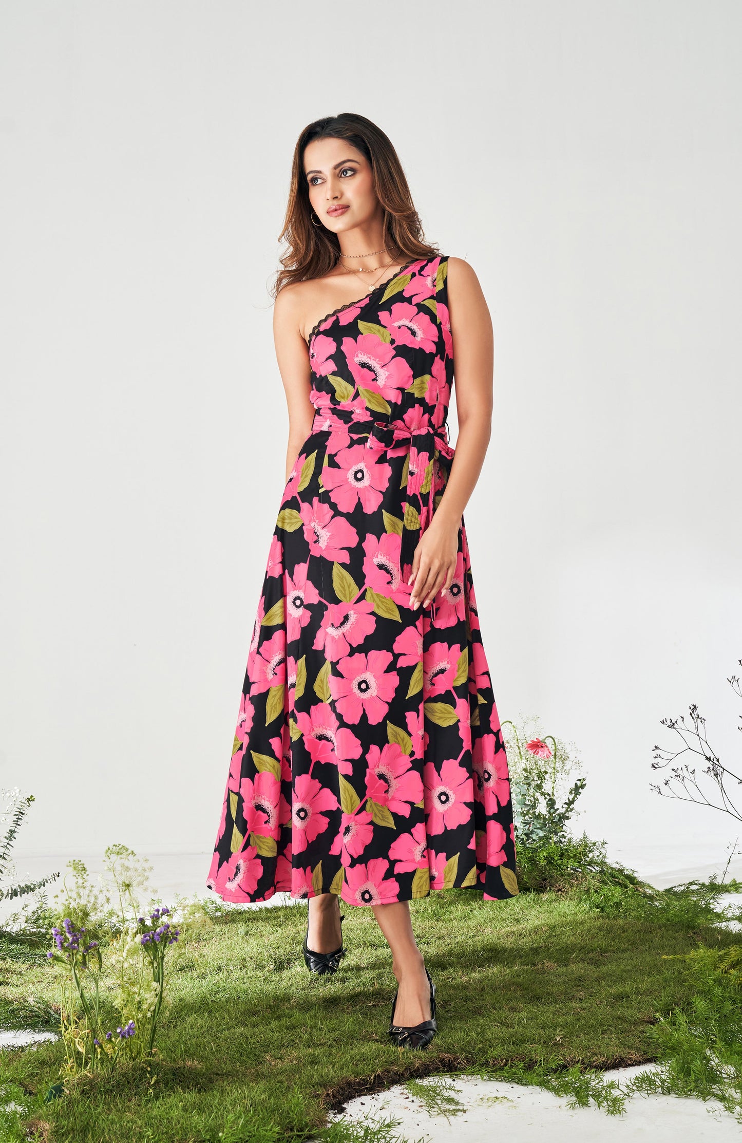 Pink Off-Shoulder Floral Printed Satin Dress