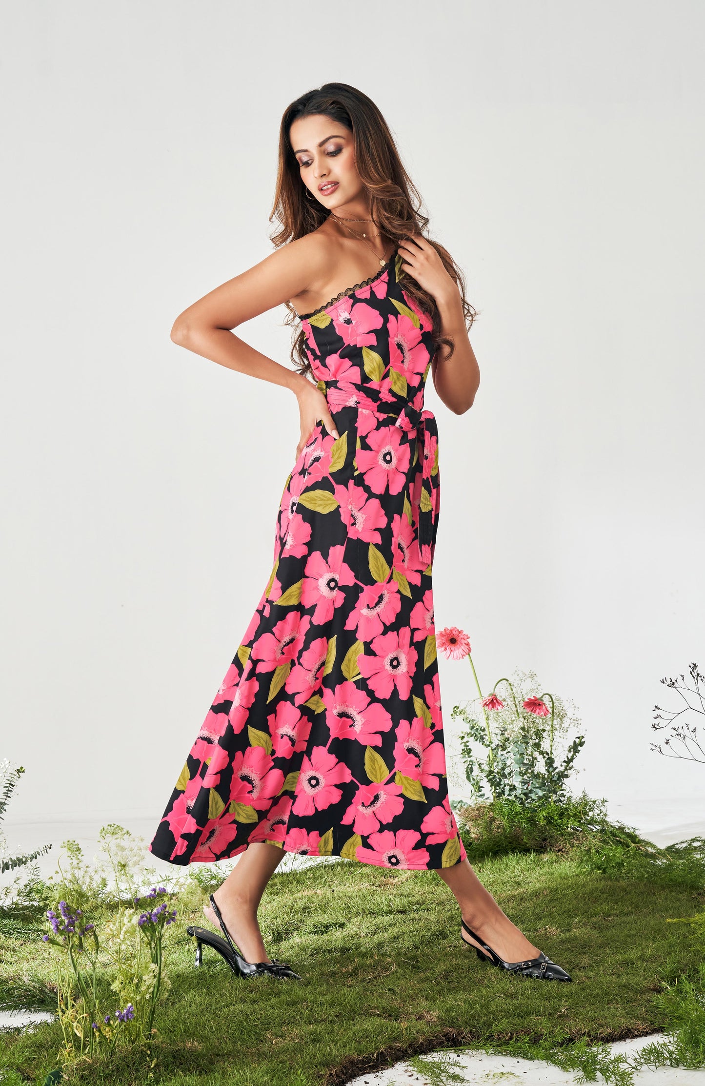 Pink Off-Shoulder Floral Printed Satin Dress