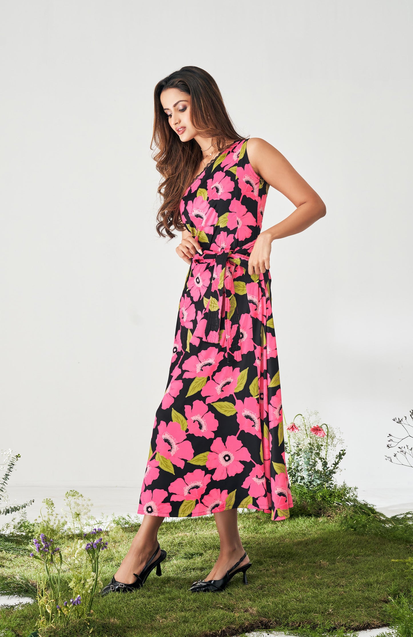 Pink Off-Shoulder Floral Printed Satin Dress