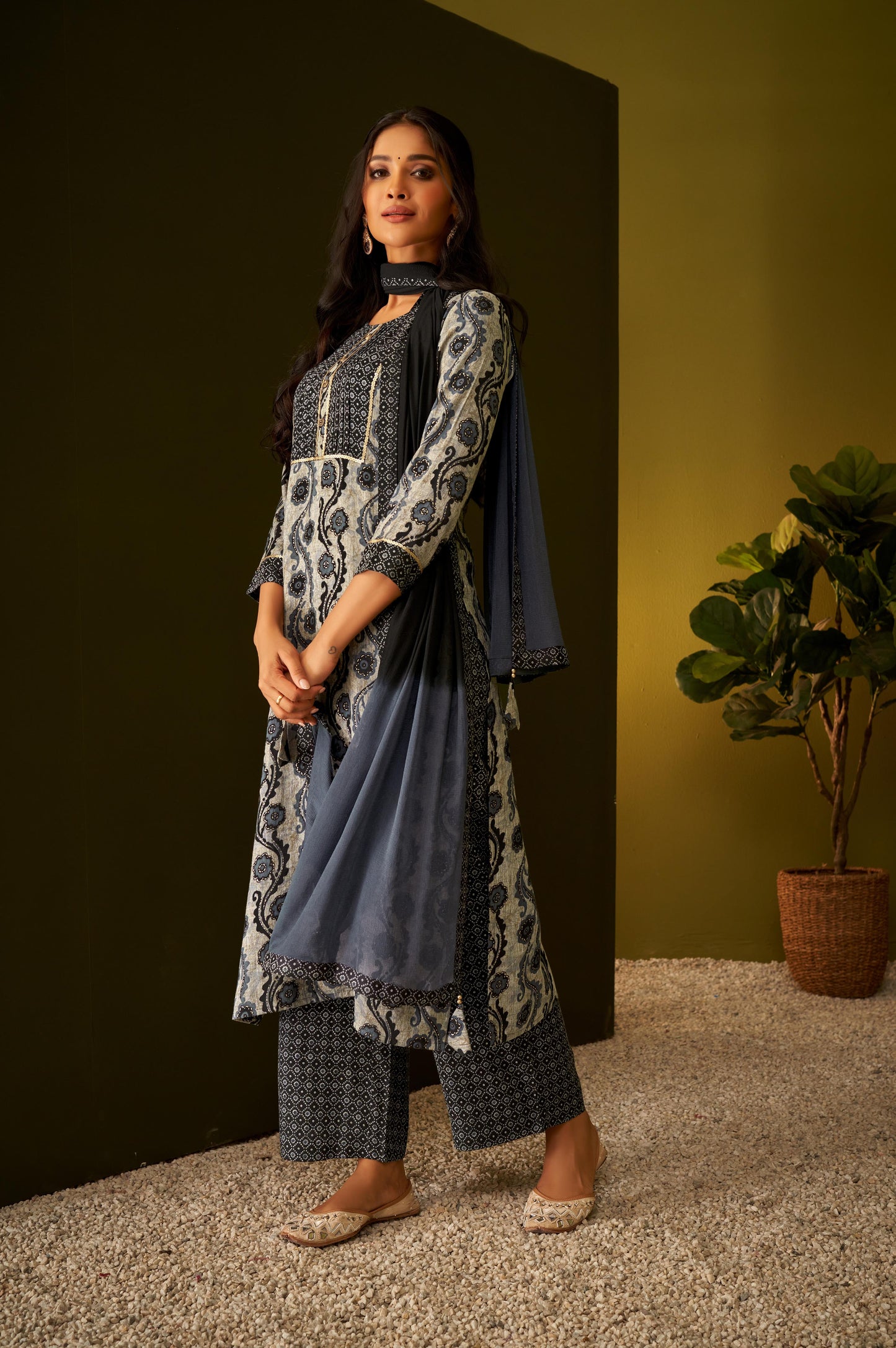 Black Ethnic Print Kurta Set with Dupatta