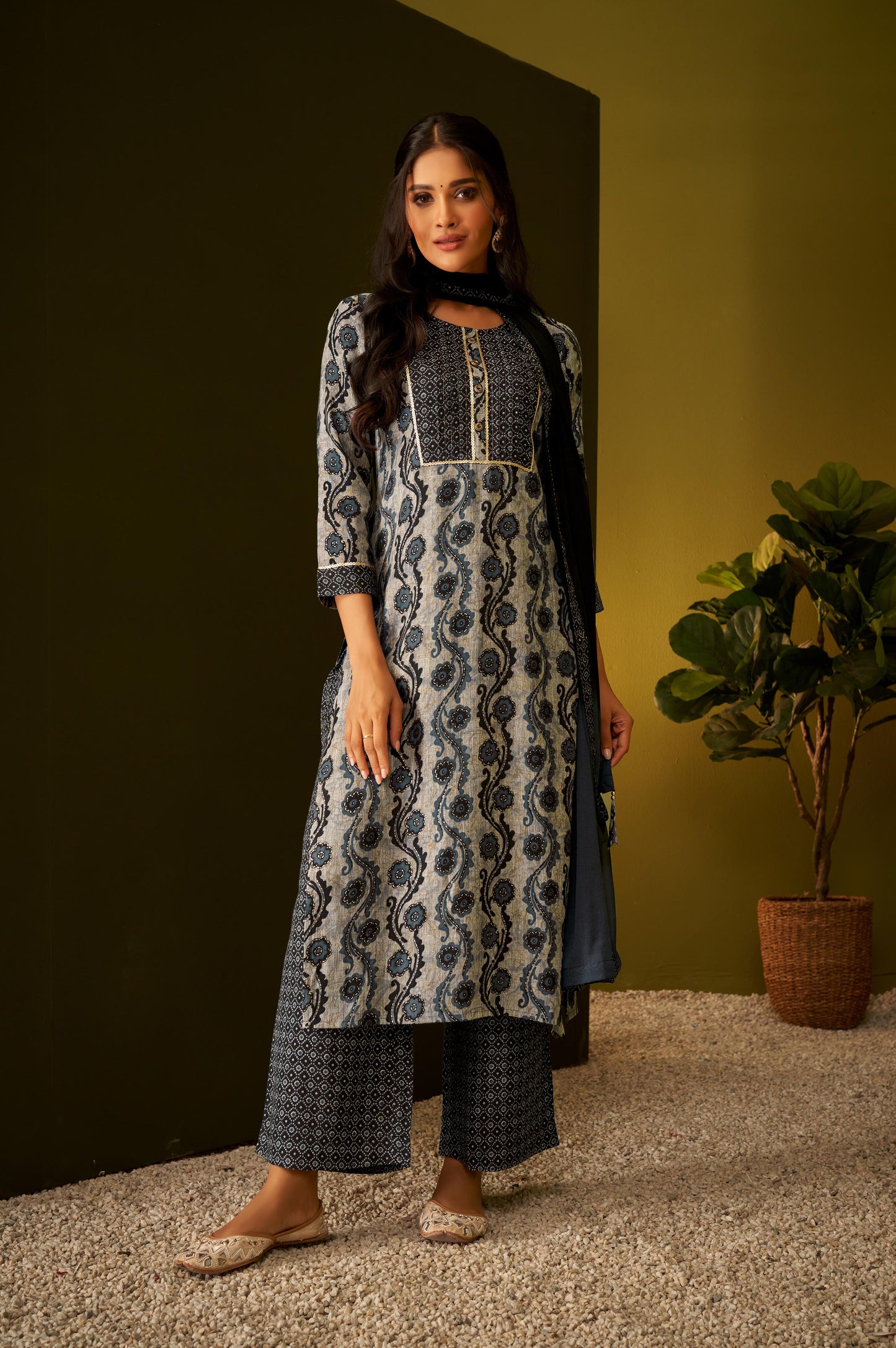 Black Ethnic Print Kurta Set with Dupatta