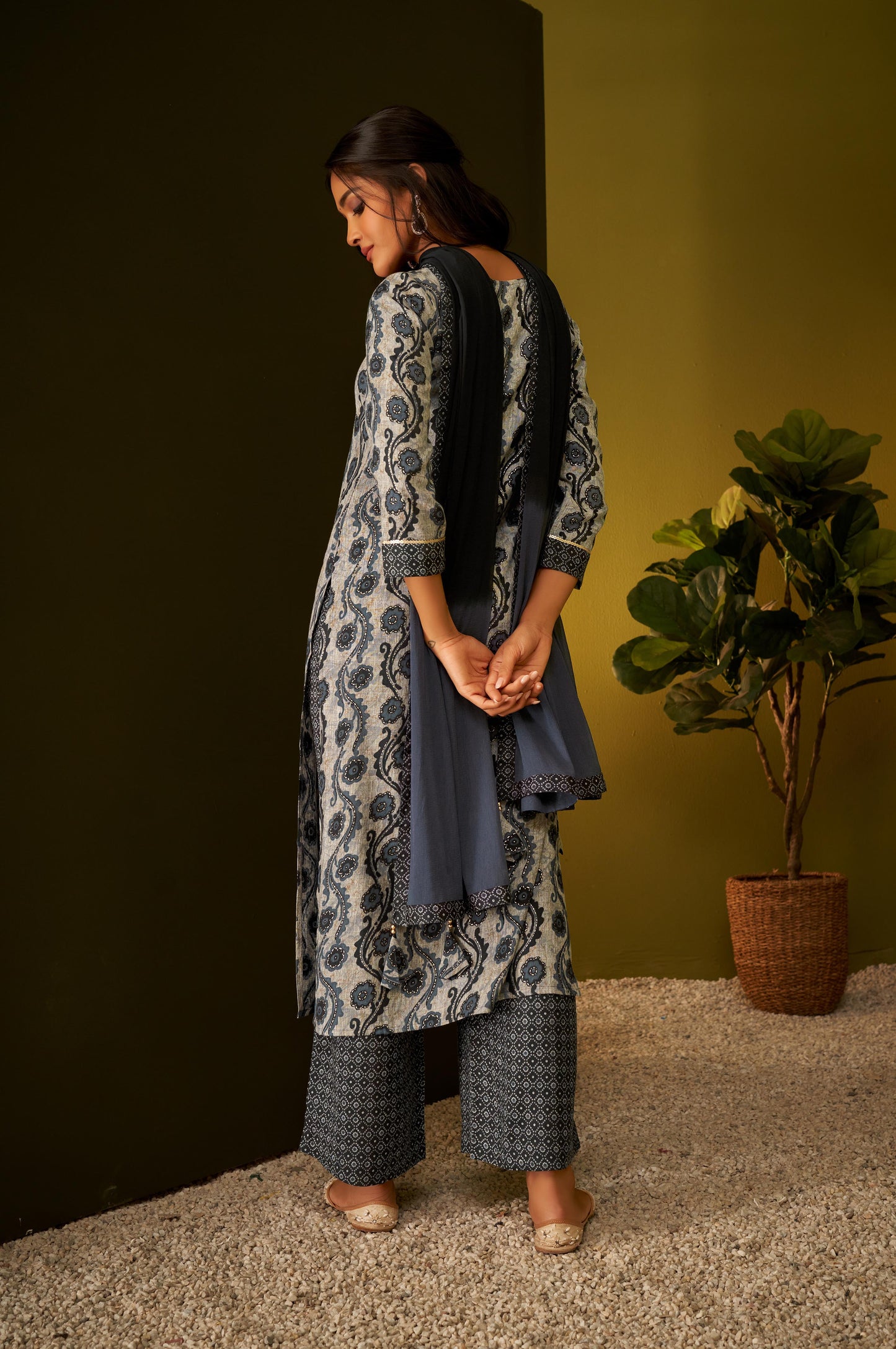 Black Ethnic Print Kurta Set with Dupatta