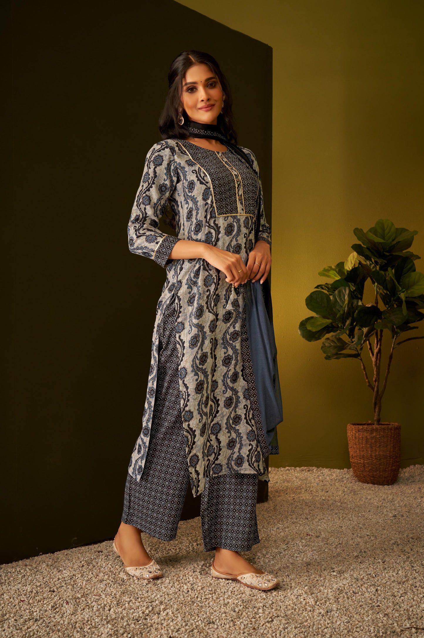 Black Ethnic Print Kurta Set with Dupatta