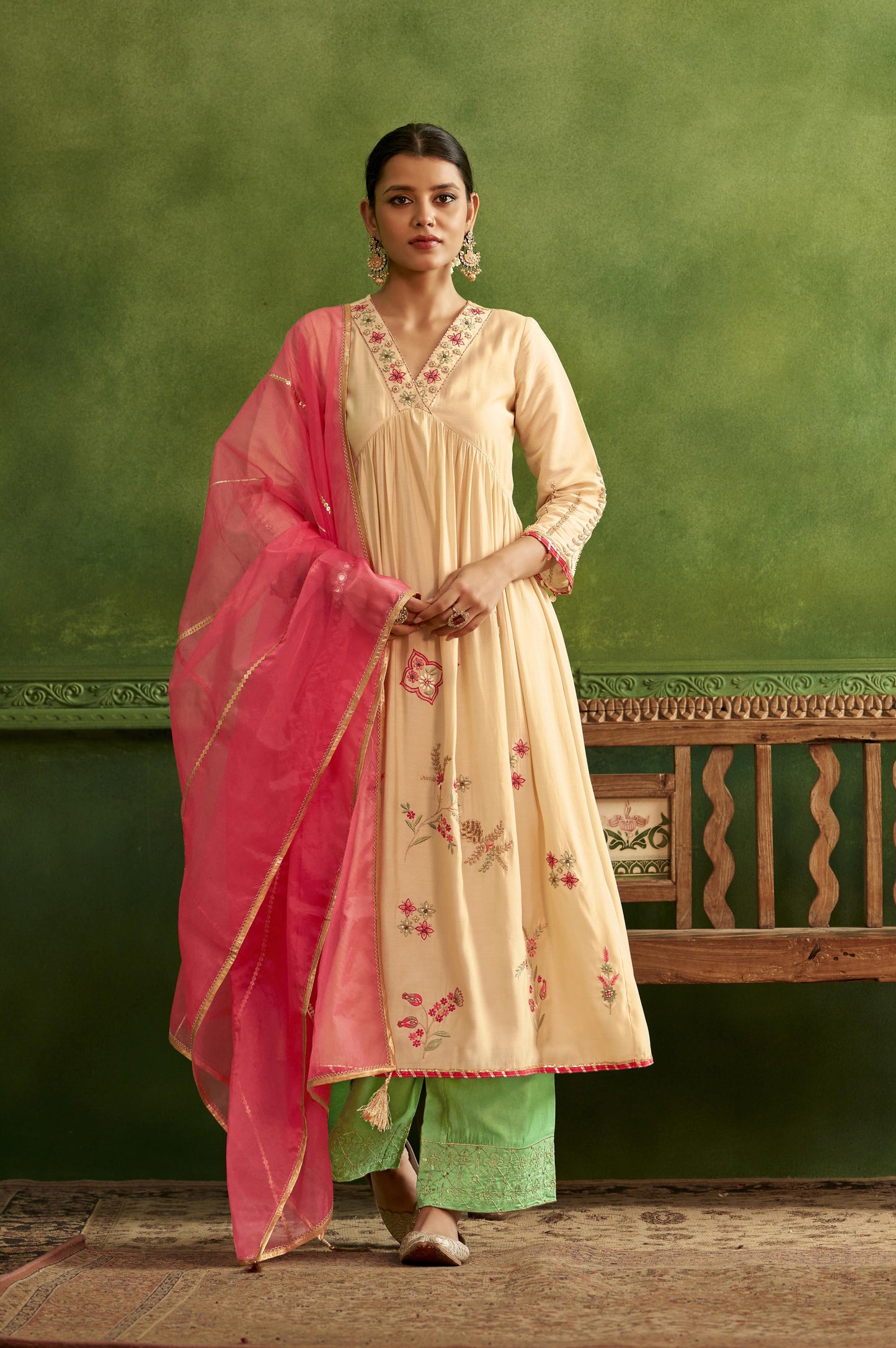 White Embroidered Flared Kurta Set with Pink Embellished Dupatta