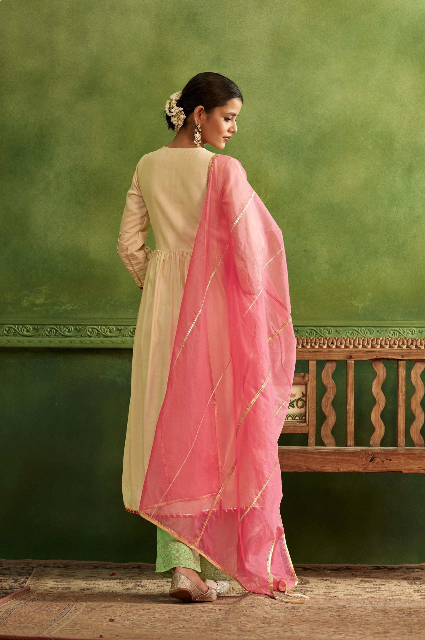 White Embroidered Flared Kurta Set with Pink Embellished Dupatta