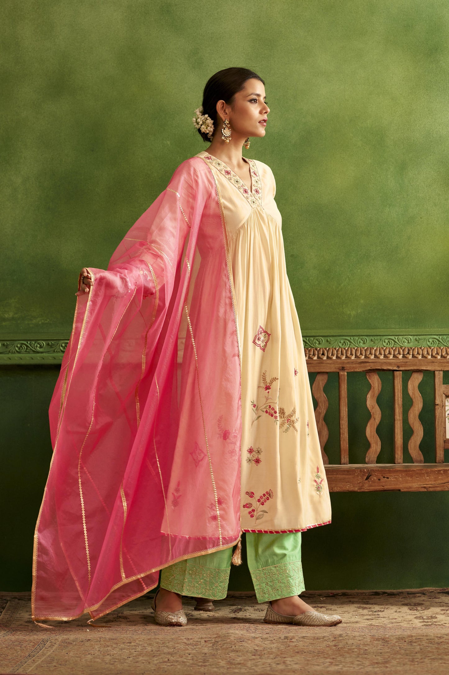 White Embroidered Flared Kurta Set with Pink Embellished Dupatta