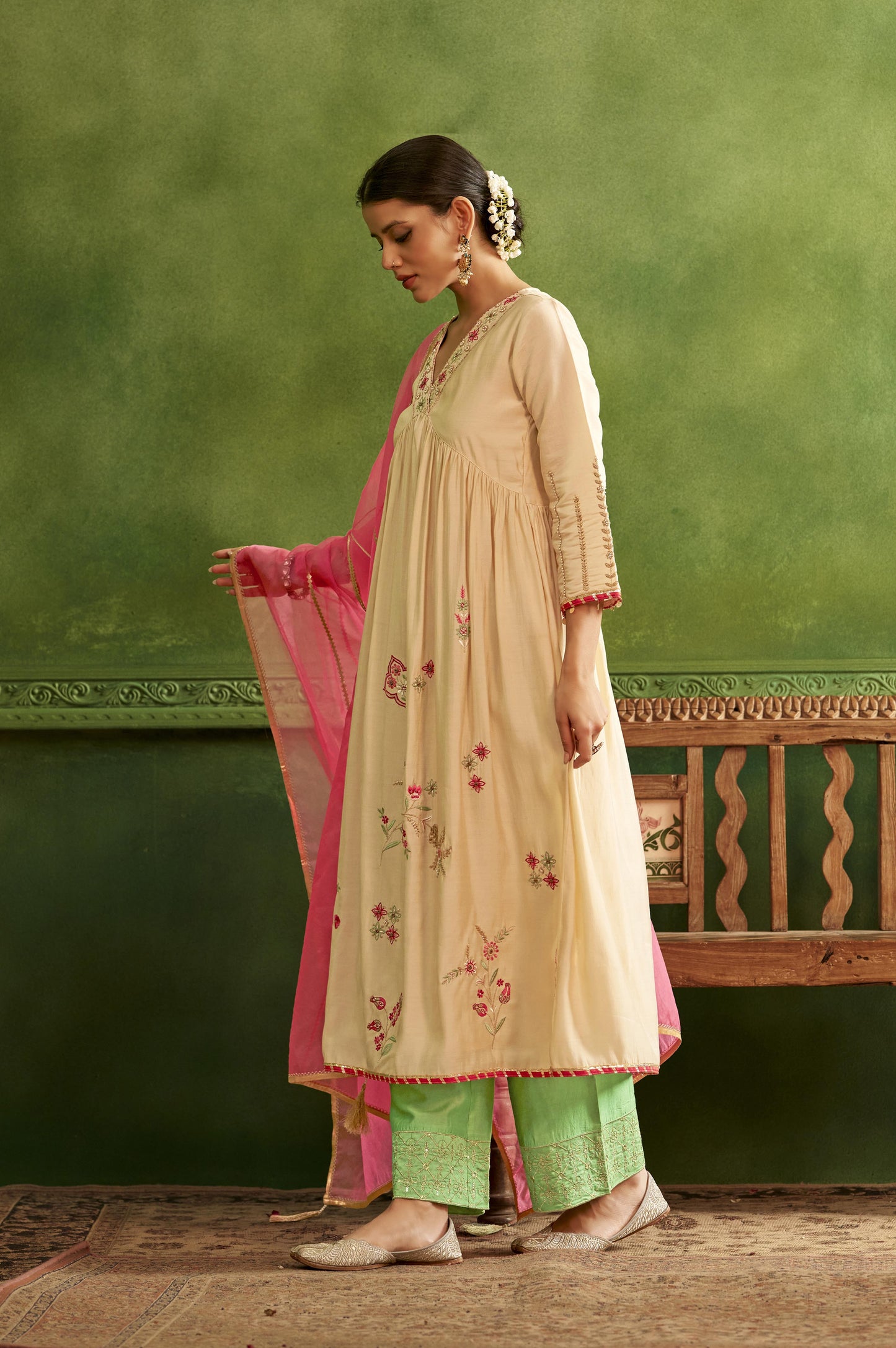 White Embroidered Flared Kurta Set with Pink Embellished Dupatta