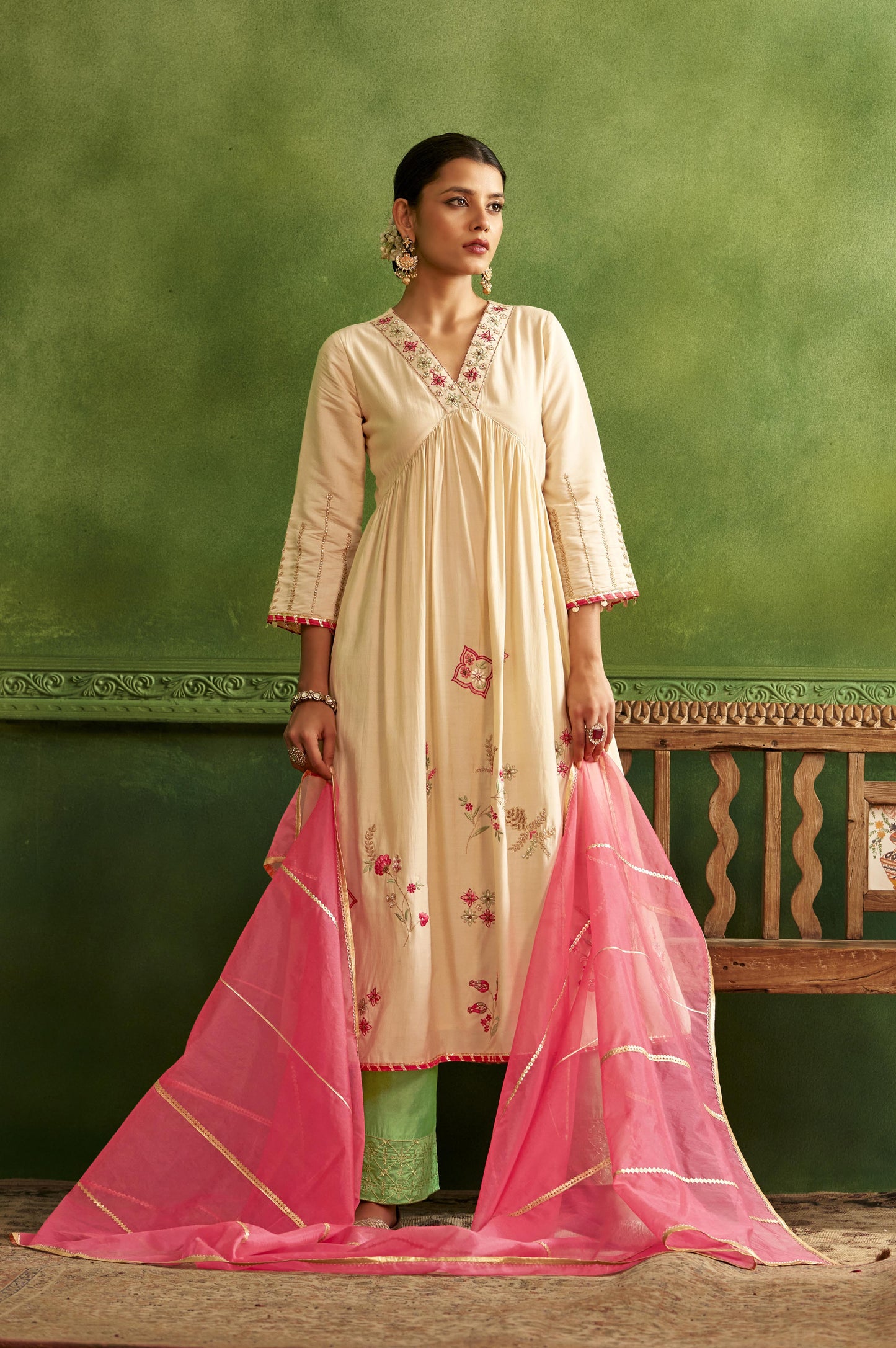 White Embroidered Flared Kurta Set with Pink Embellished Dupatta