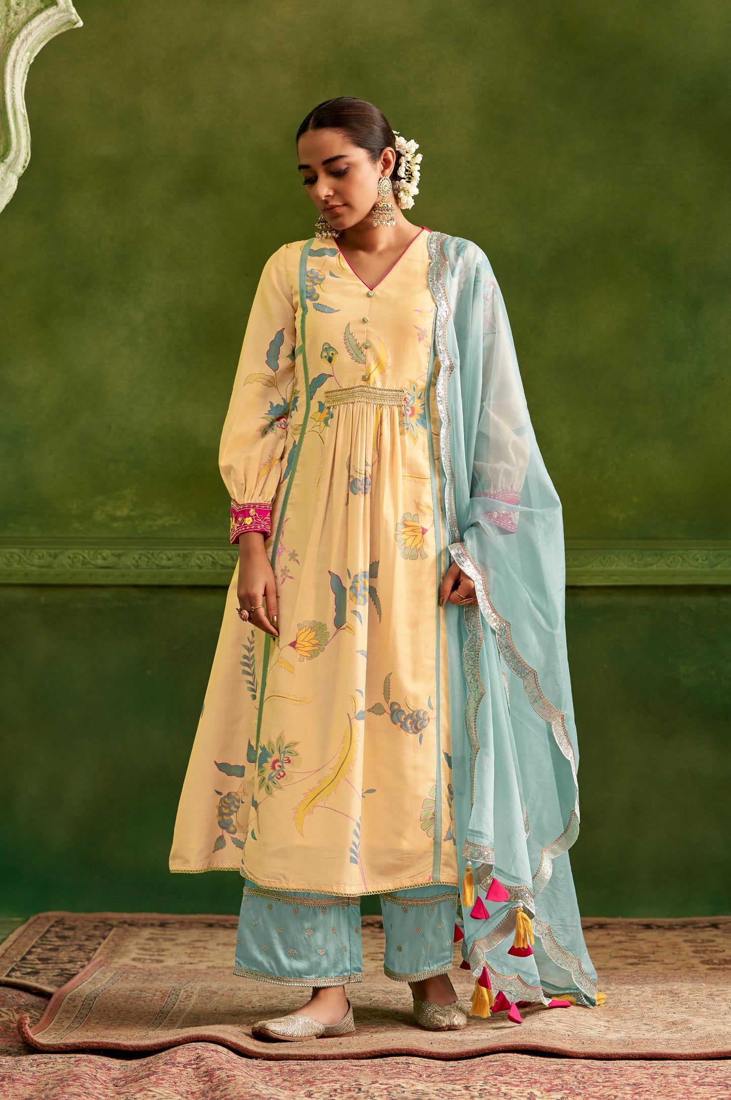 Yellow Floral Printed With Machine Embroidery Kurta Set With Dupatta