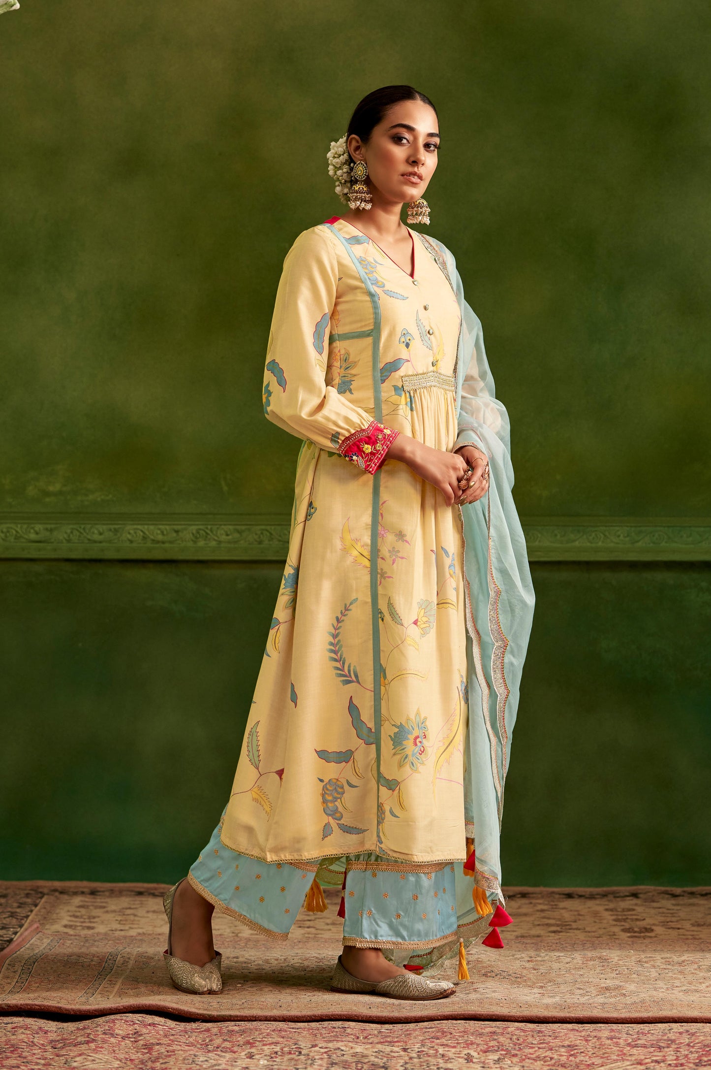 Yellow Floral Printed With Machine Embroidery Kurta Set With Dupatta