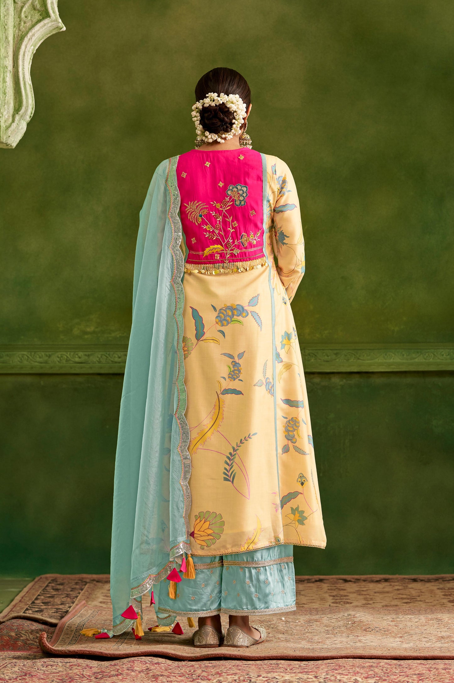 Yellow Floral Printed With Machine Embroidery Kurta Set With Dupatta