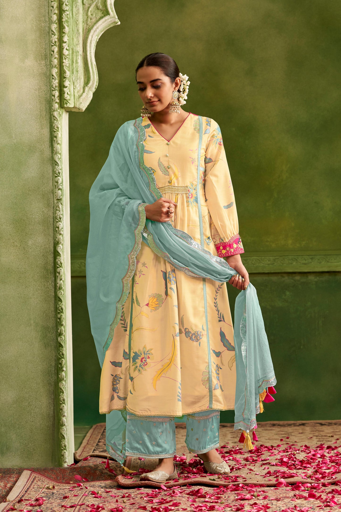 Yellow Floral Printed With Machine Embroidery Kurta Set With Dupatta