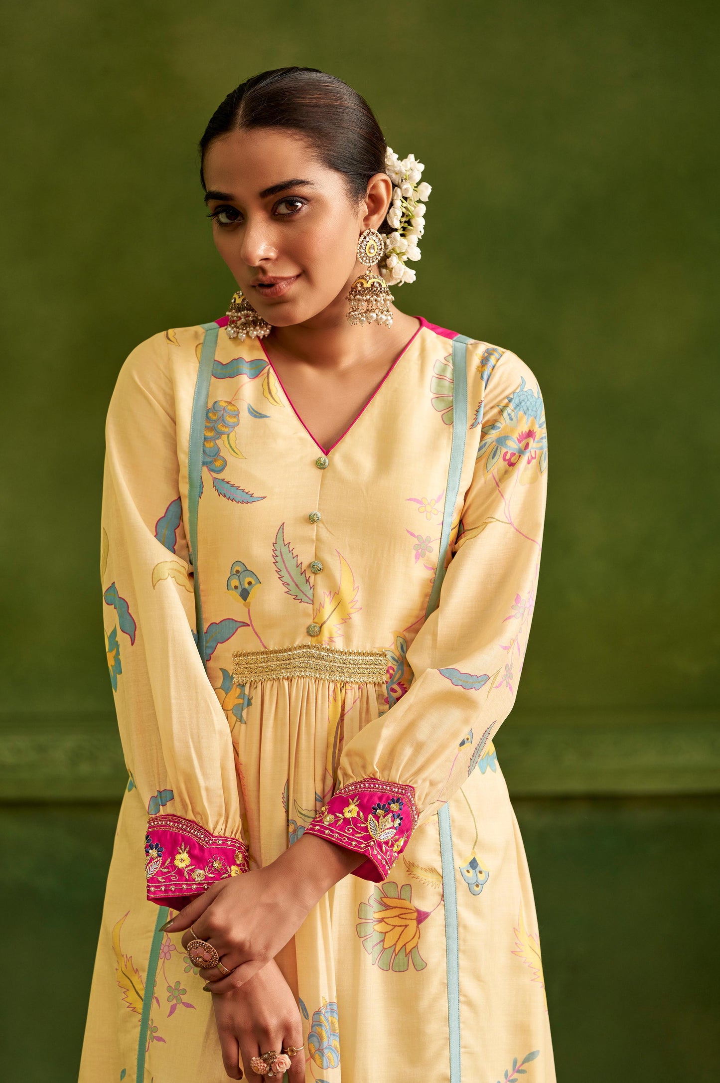 Yellow Floral Printed With Machine Embroidery Kurta Set With Dupatta