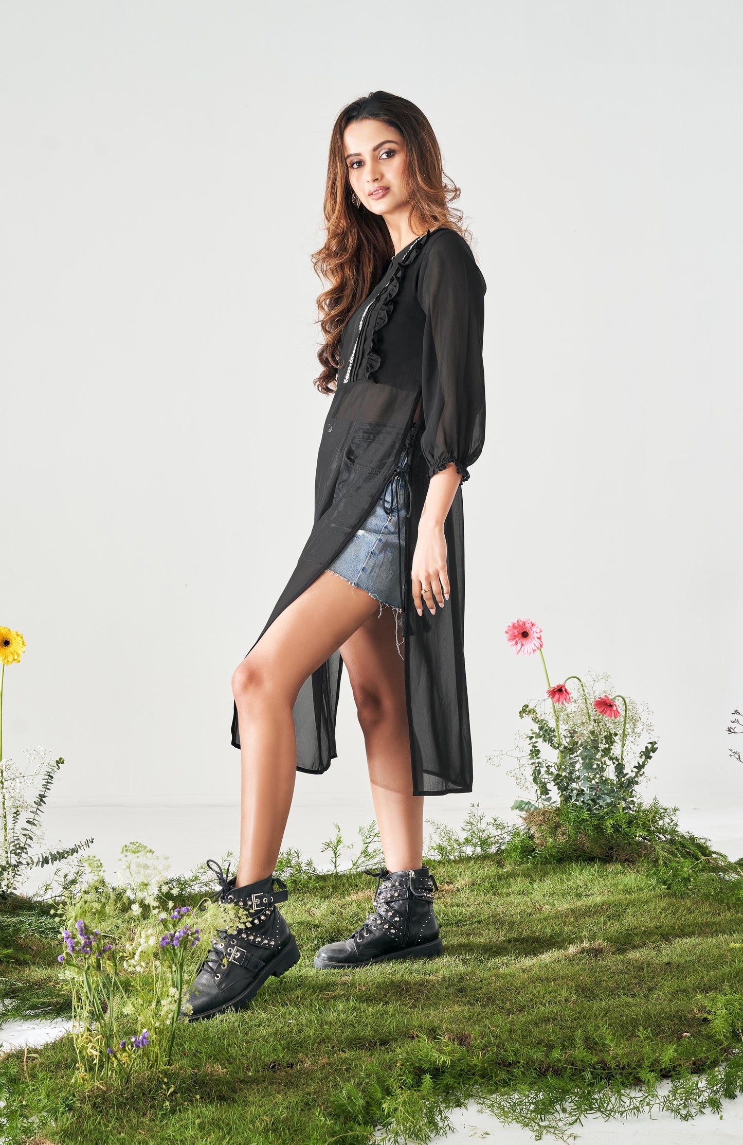 Charcoal Black Georgette High Side Slit Embroidered Kurta