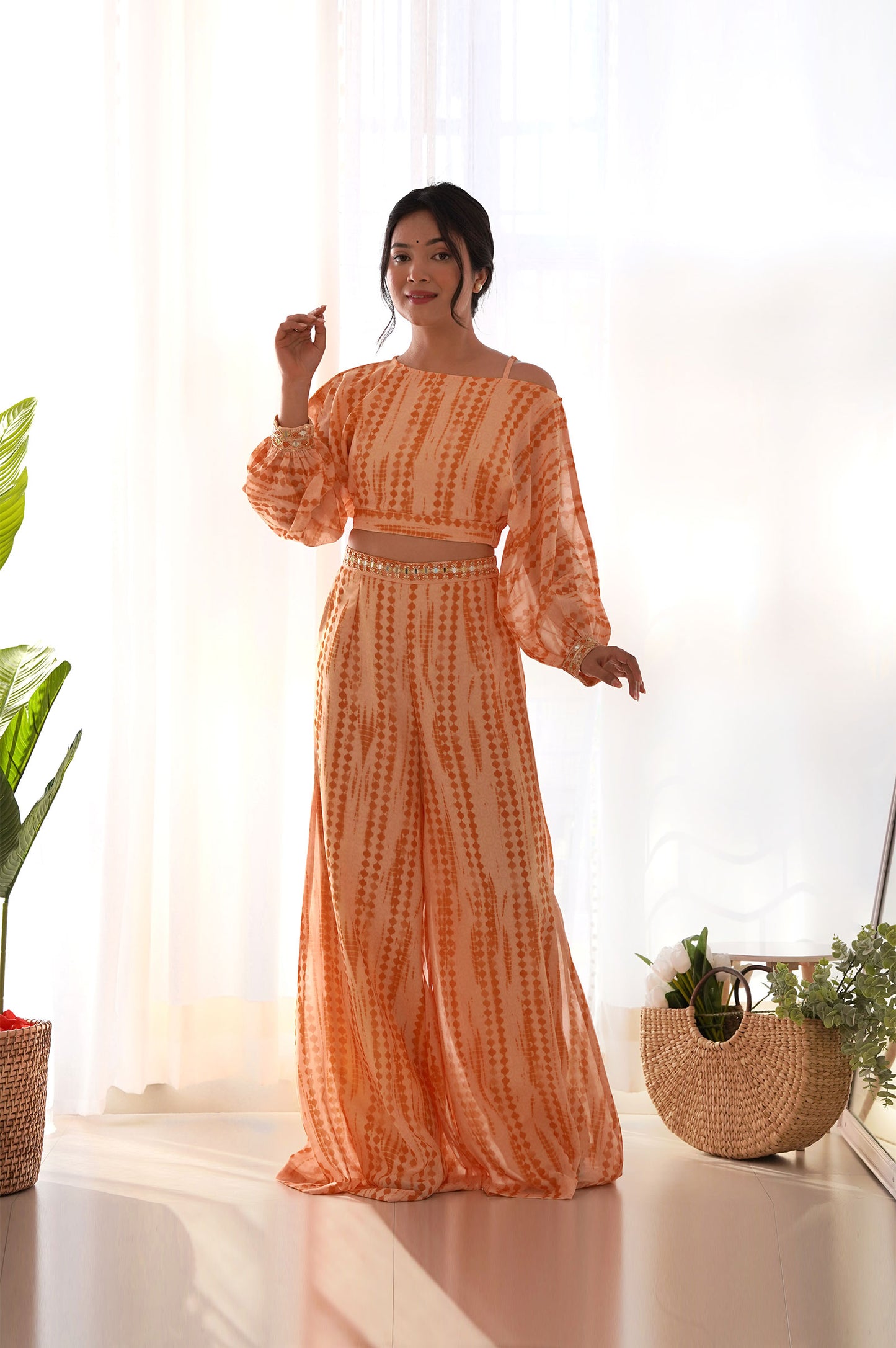 Orange Shibori Print Off-shoulder Top and Pant Co-ord Set