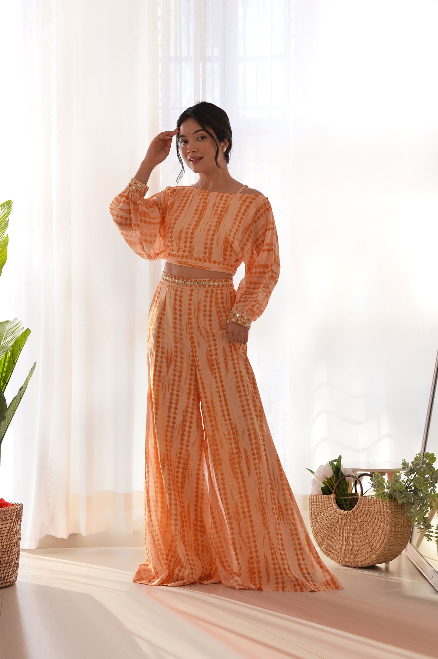 Orange Shibori Print Off-shoulder Top and Pant Co-ord Set
