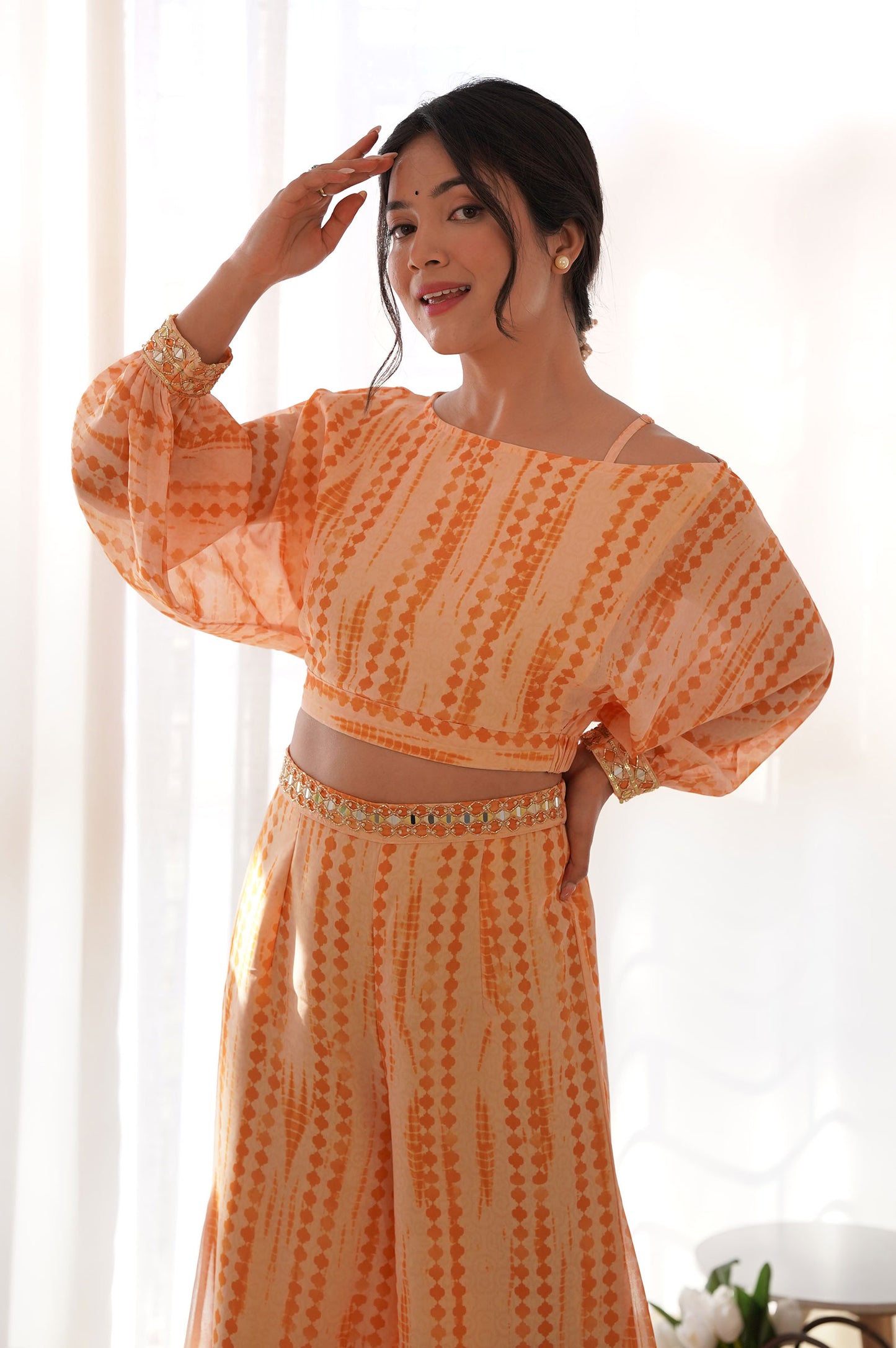 Orange Shibori Print Off-shoulder Top and Pant Co-ord Set
