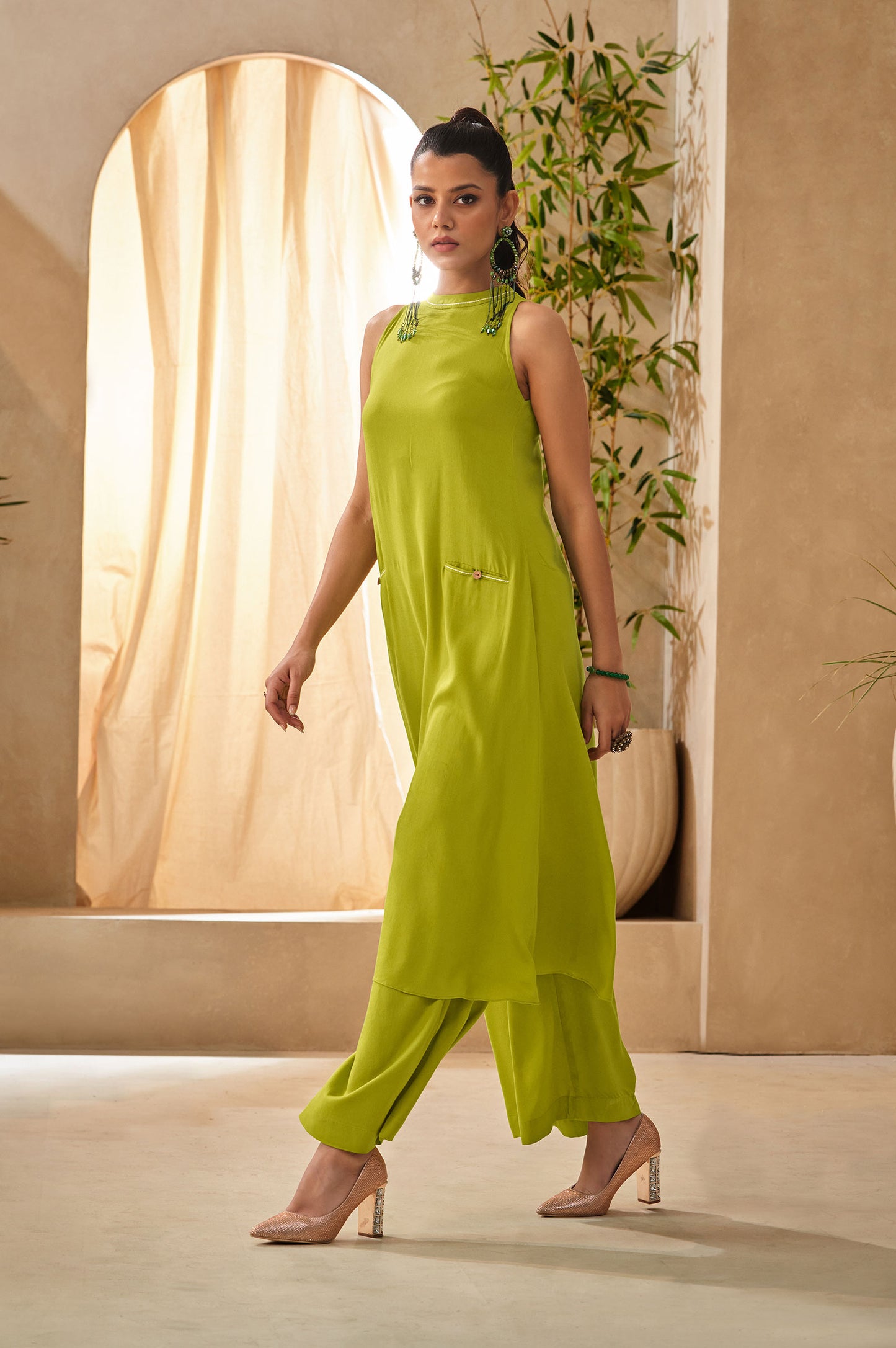 Lime green Halter Neck Kurta and Culottes Set With Front Pocket