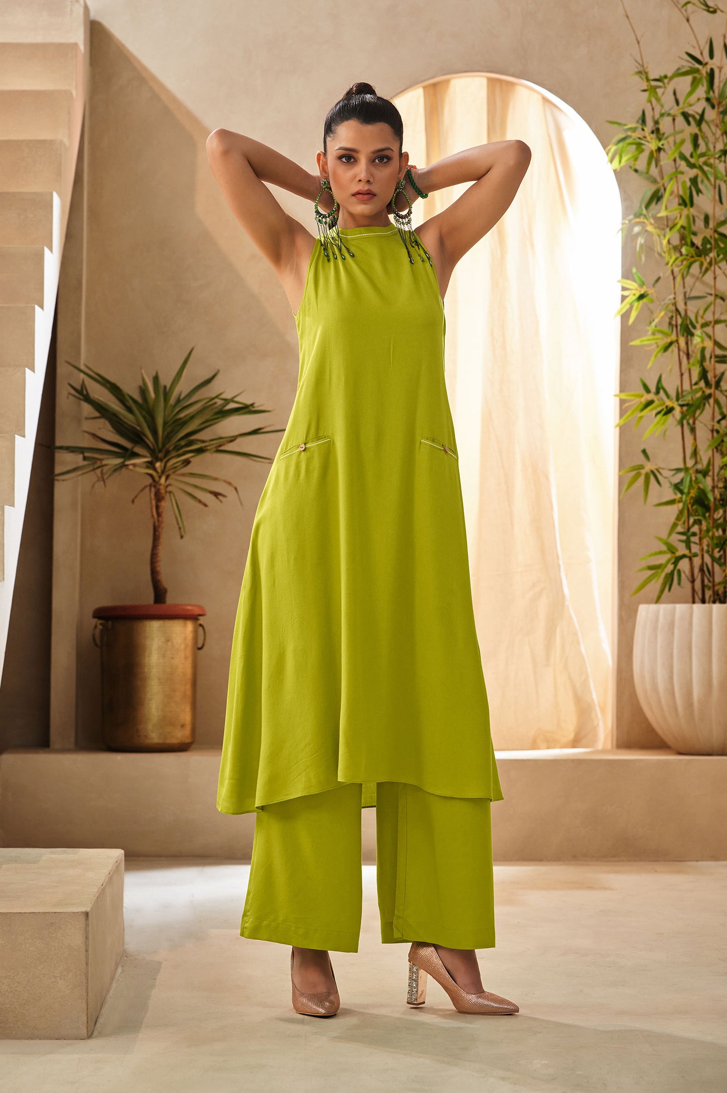 Lime green Halter Neck Kurta and Culottes Set With Front Pocket