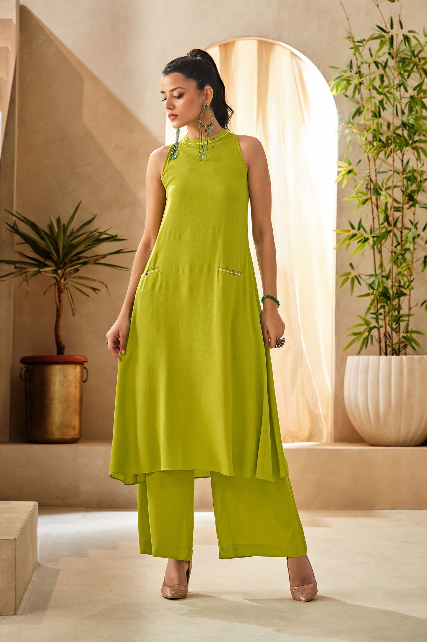 Lime green Halter Neck Kurta and Culottes Set With Front Pocket
