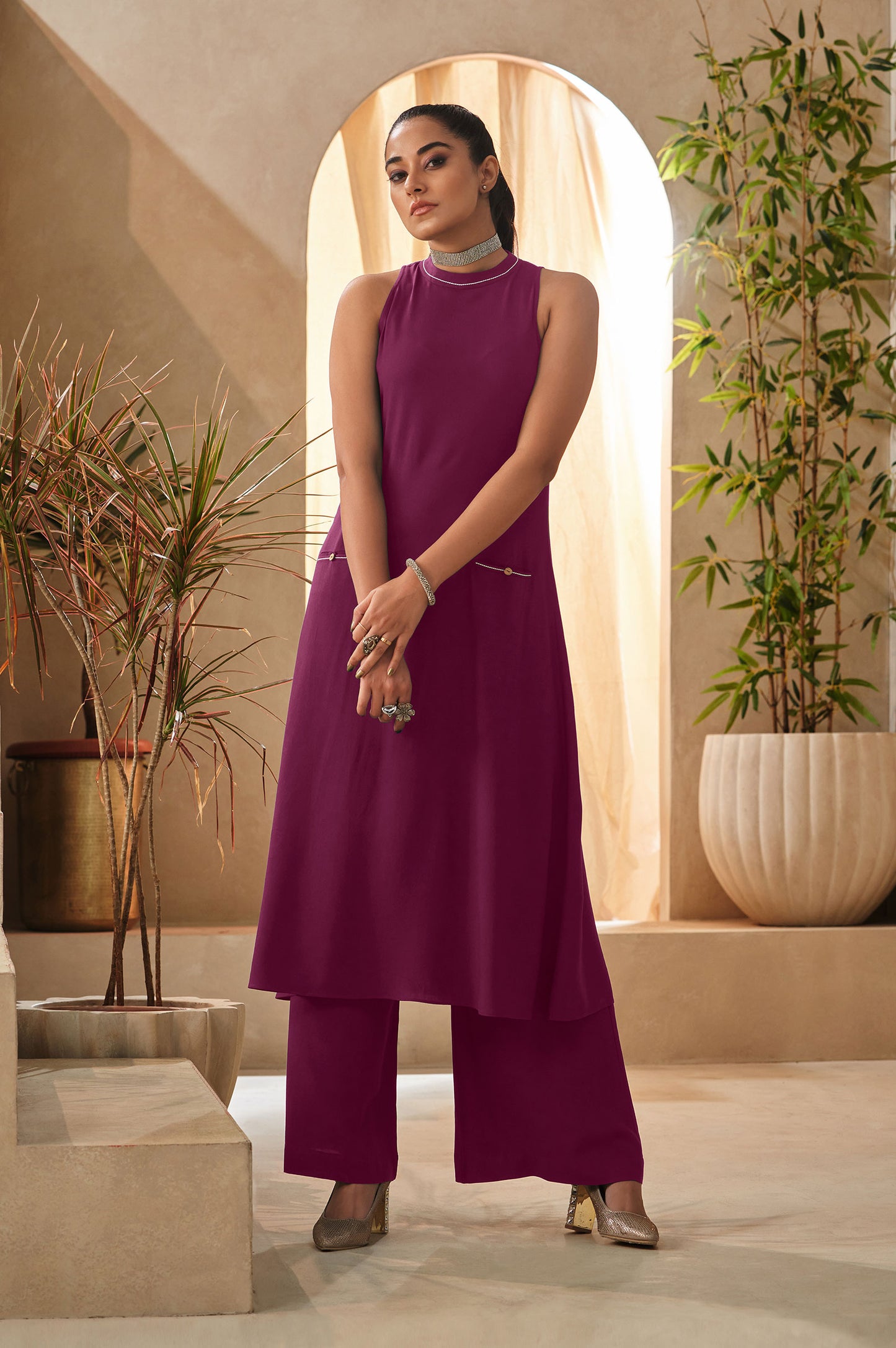 Violet Halter Neck Kurta and Culottes Set With Front Pocket
