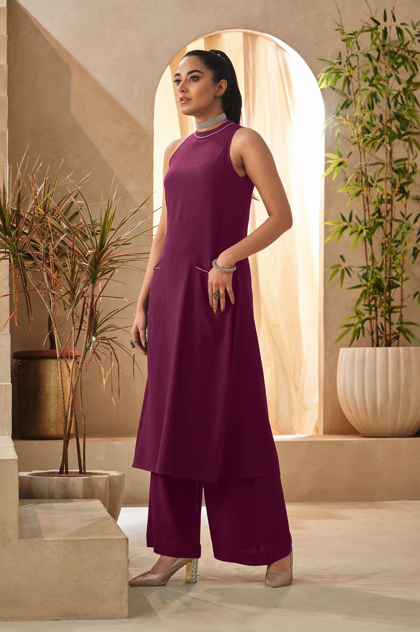 Violet Halter Neck Kurta and Culottes Set With Front Pocket