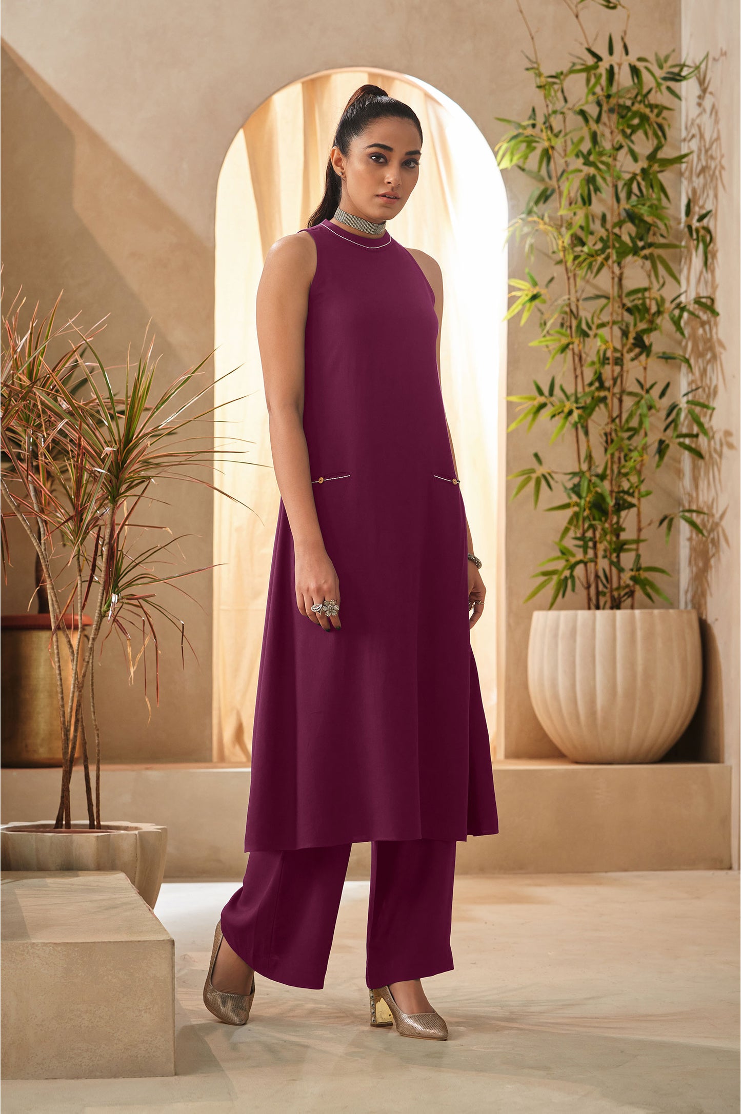 Violet Halter Neck Kurta and Culottes Set With Front Pocket