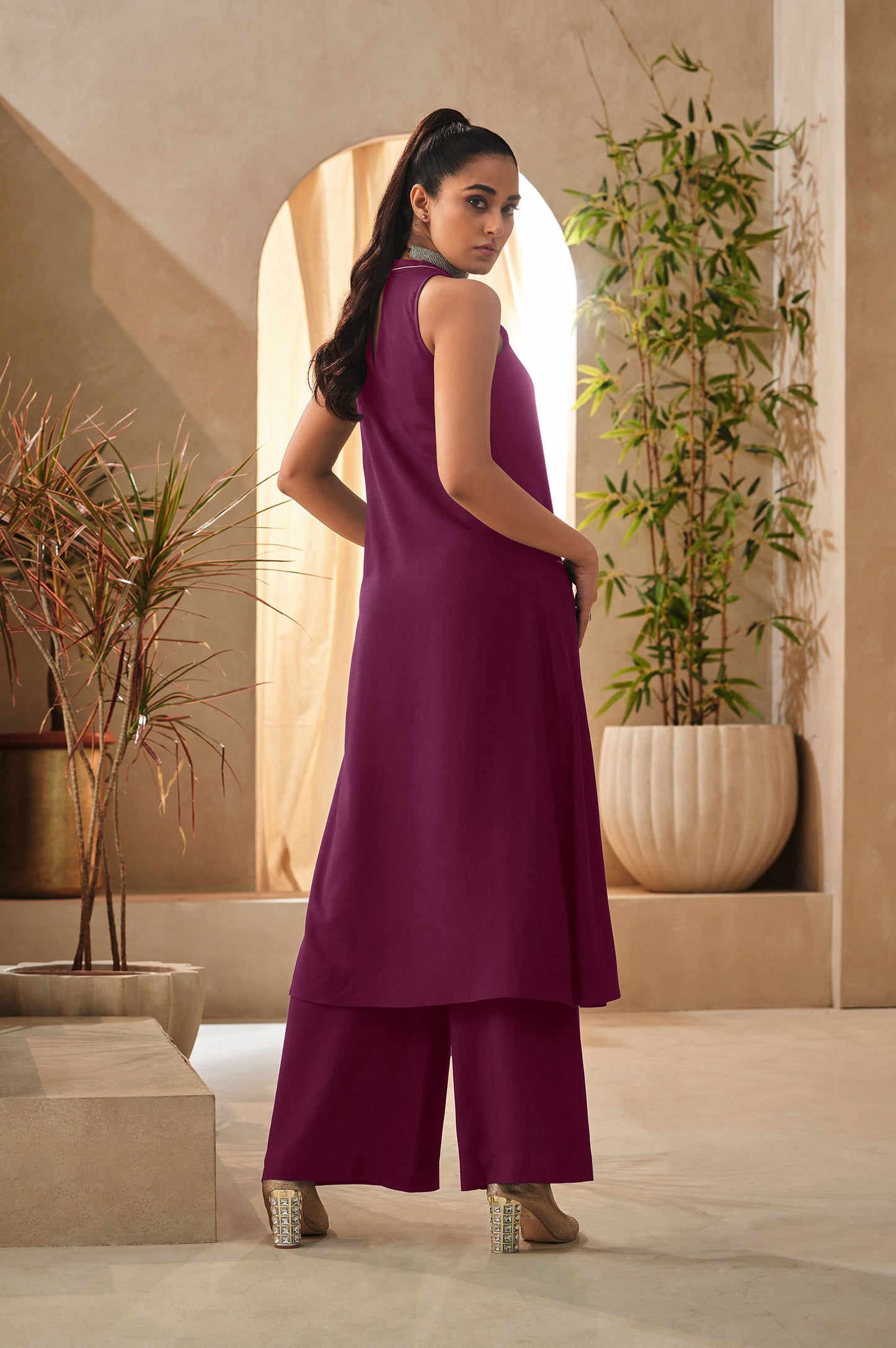 Violet Halter Neck Kurta and Culottes Set With Front Pocket