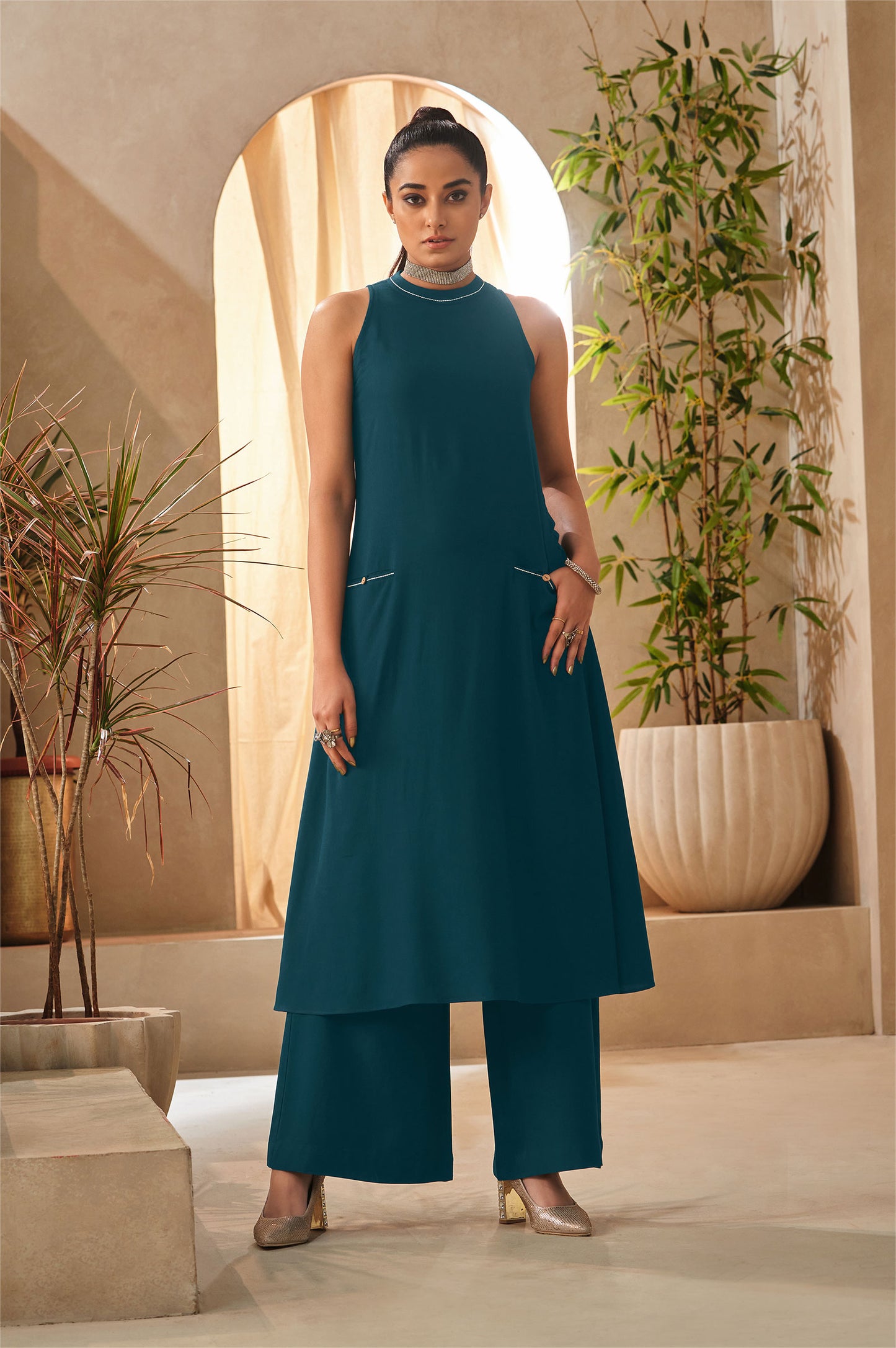 Teal Blue Halter Neck Kurta and Culottes Set With Front Pocket