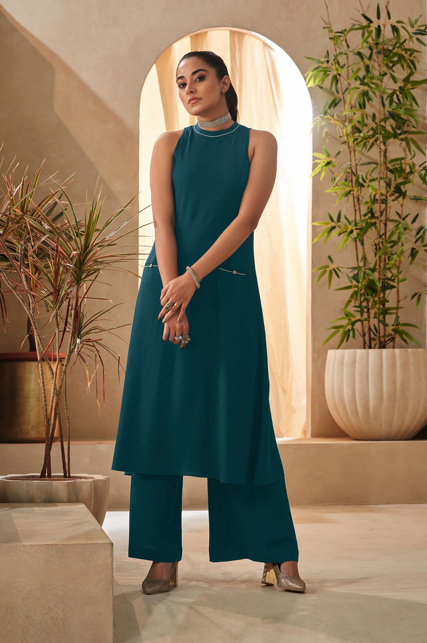 Teal Blue Halter Neck Kurta and Culottes Set With Front Pocket