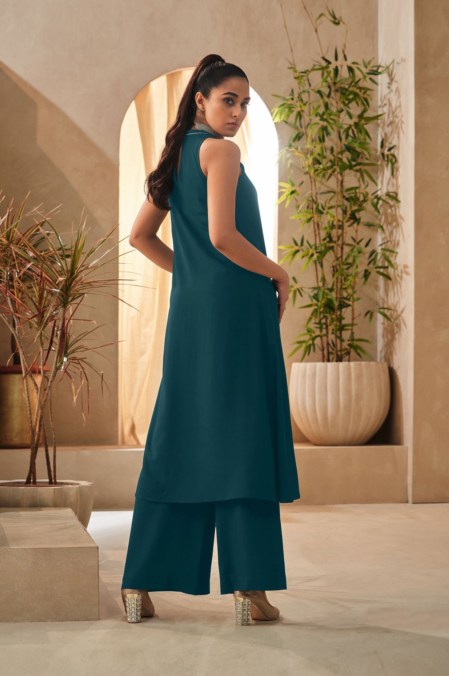 Teal Blue Halter Neck Kurta and Culottes Set With Front Pocket