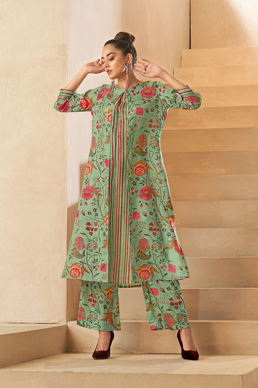 Pista Green Digital Floral Printed Dola Silk Kurta Set