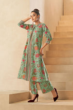 Pista Green Digital Floral Printed Dola Silk Kurta Set