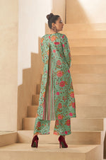 Pista Green Digital Floral Printed Dola Silk Kurta Set