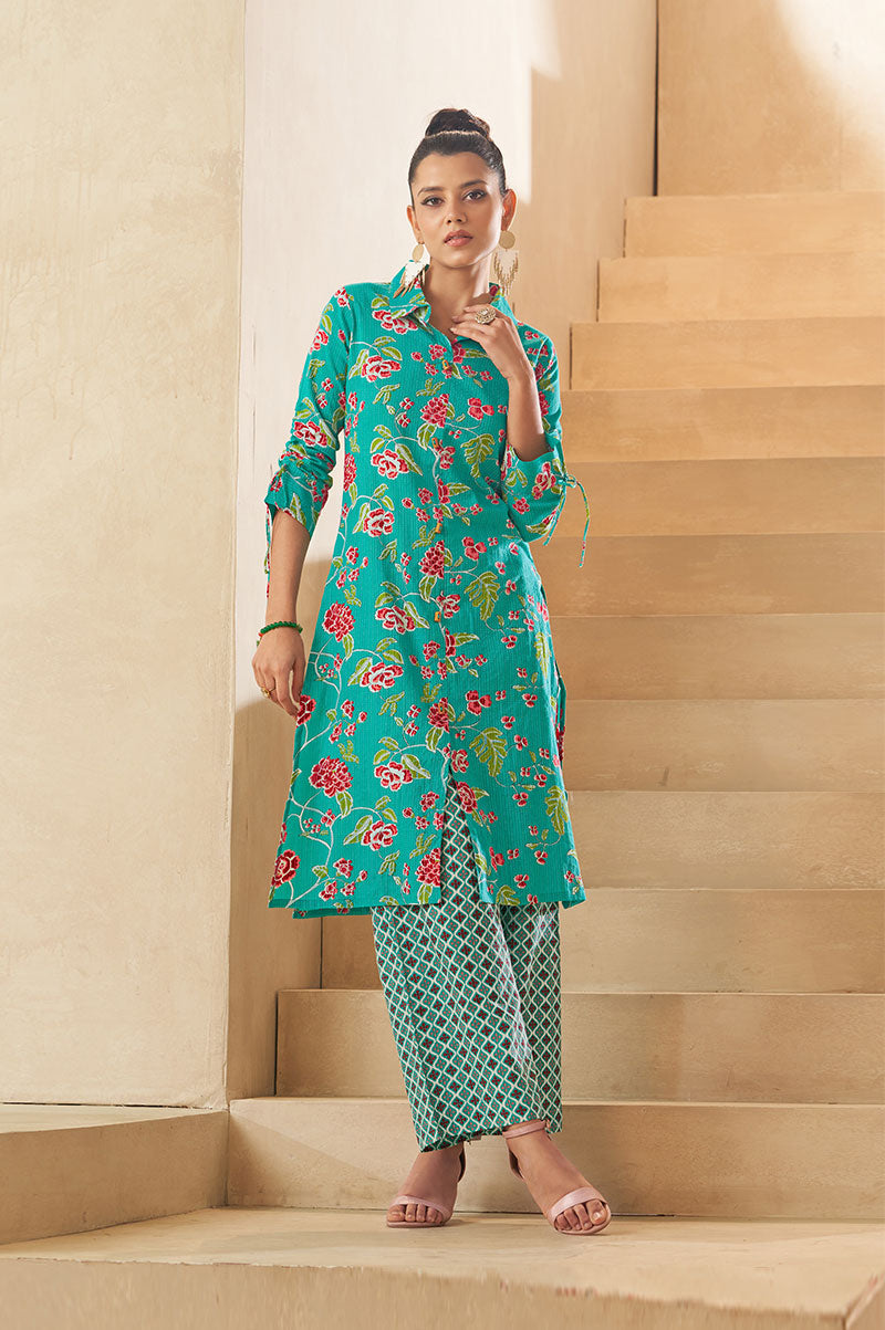 Sky Blue Floral A-line Cotton Kurta Set