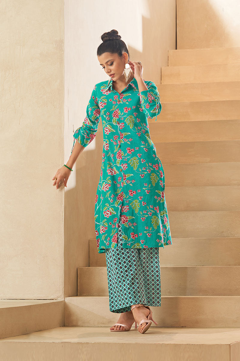 Sky Blue Floral A-line Cotton Kurta Set