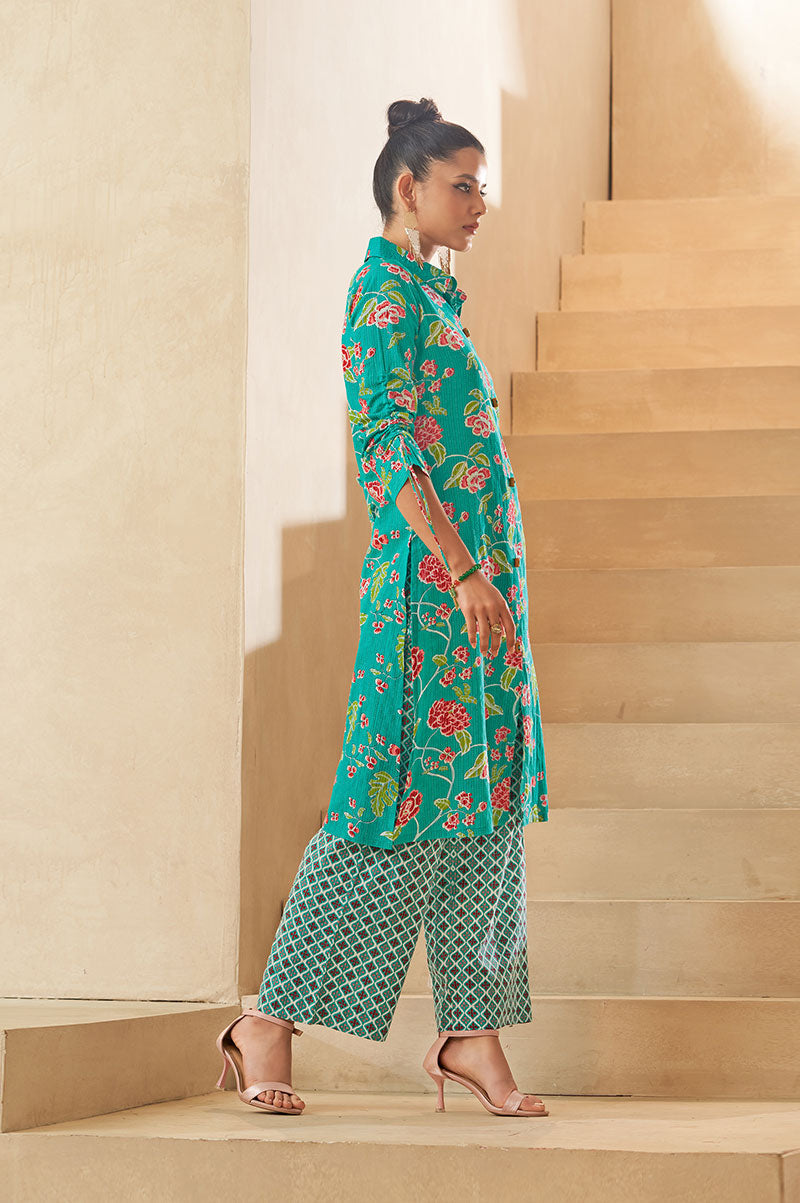 Sky Blue Floral A-line Cotton Kurta Set